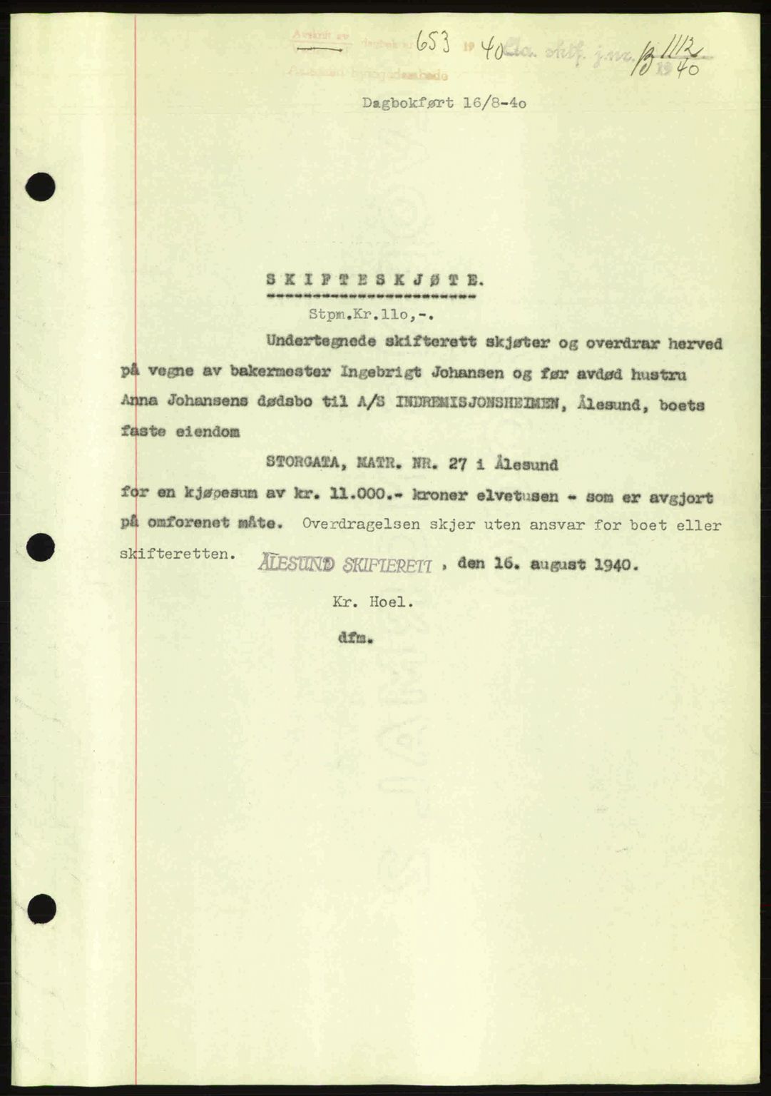 Ålesund byfogd, AV/SAT-A-4384: Pantebok nr. 34 II, 1938-1940, Dagboknr: 653/1940