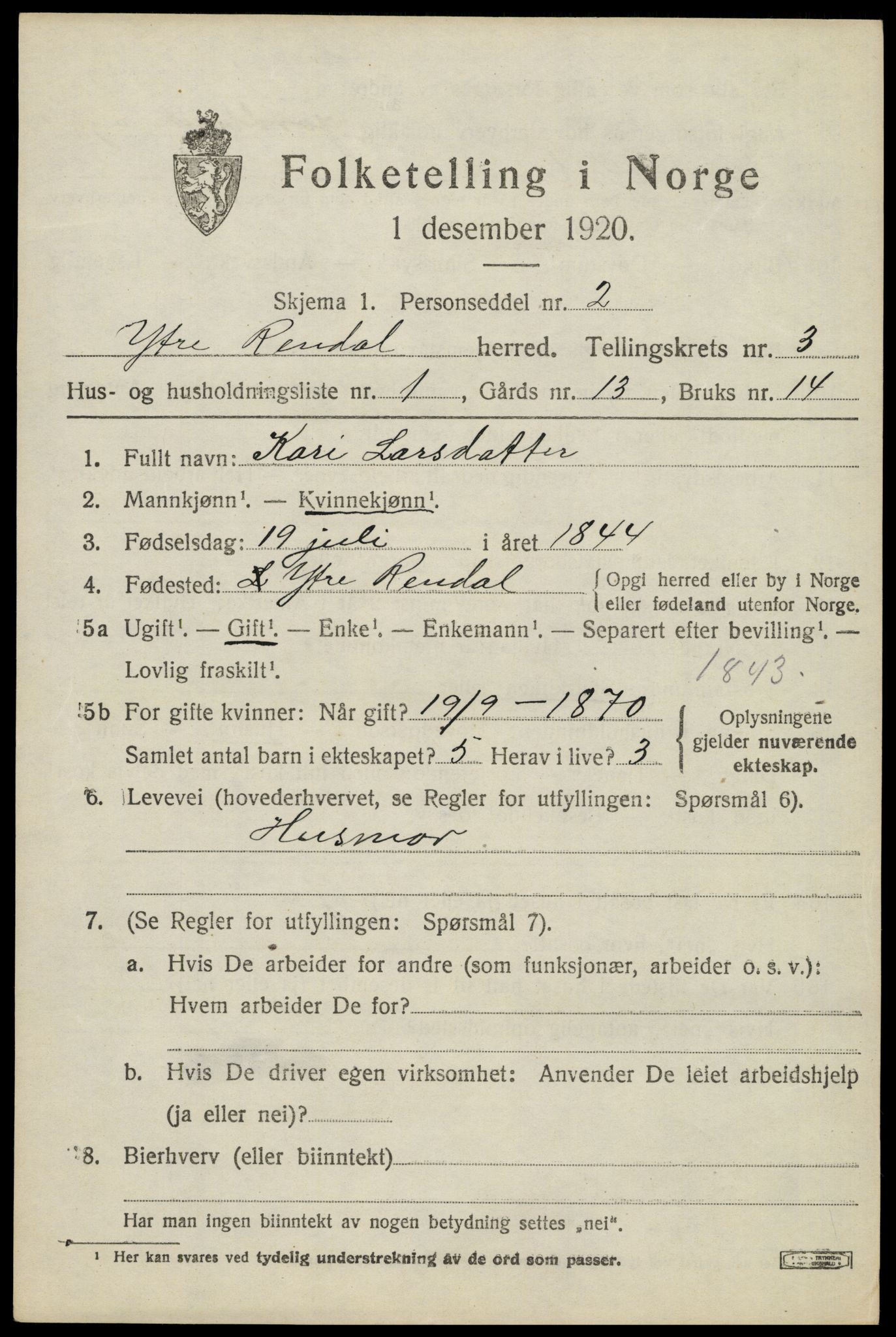 SAH, Folketelling 1920 for 0432 Ytre Rendal herred, 1920, s. 1599