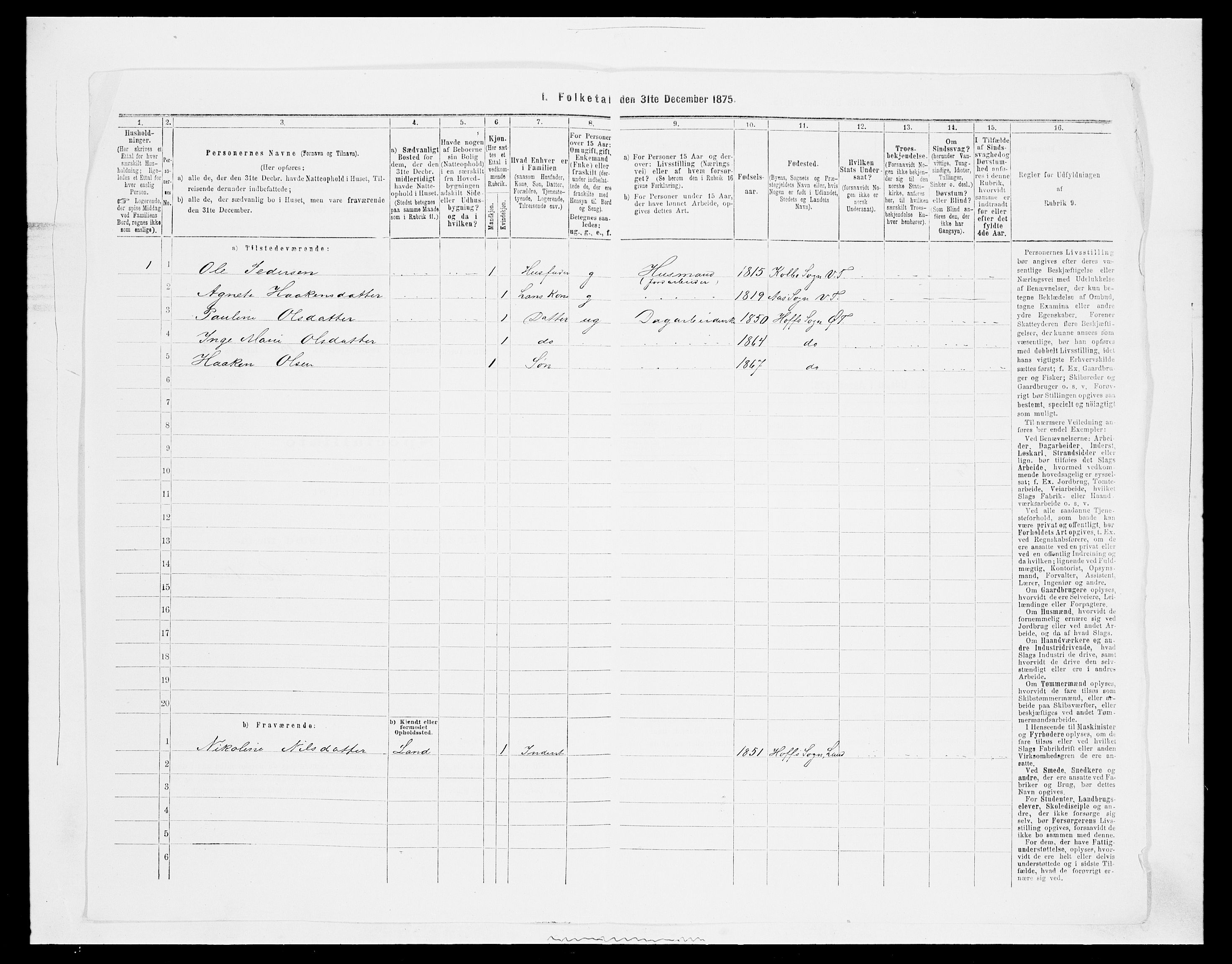 SAH, Folketelling 1875 for 0528P Østre Toten prestegjeld, 1875, s. 1823