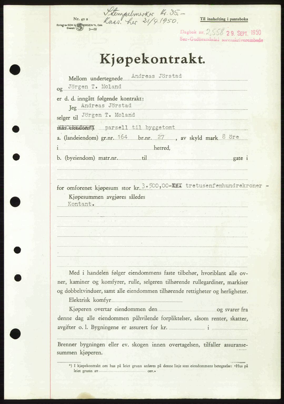 Sør-Gudbrandsdal tingrett, SAH/TING-004/H/Hb/Hbd/L0029: Pantebok nr. A29, 1950-1950, Dagboknr: 2558/1950