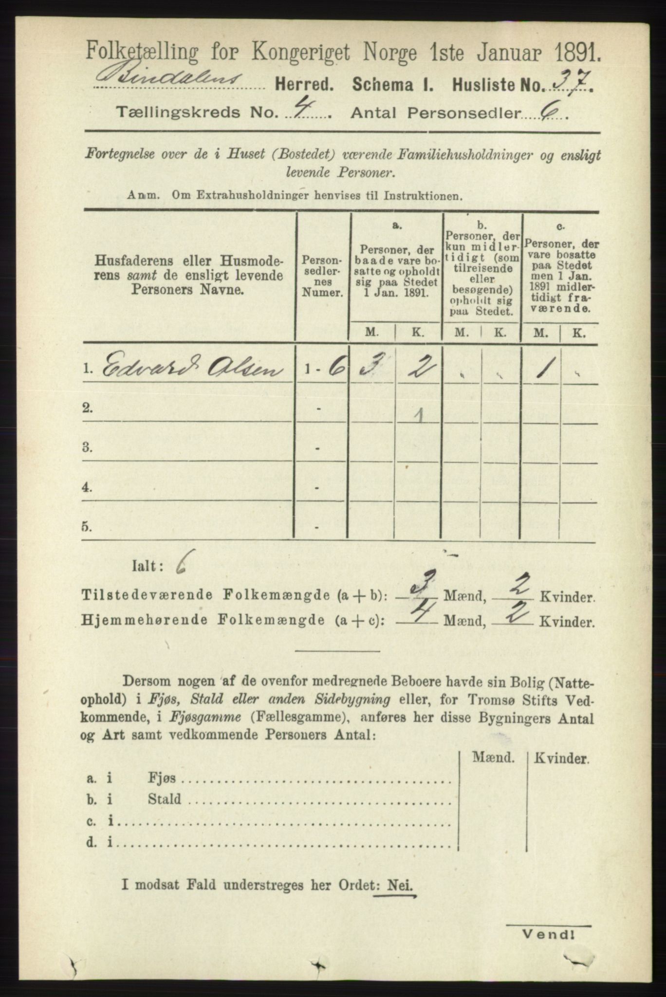 RA, Folketelling 1891 for 1811 Bindal herred, 1891, s. 1026