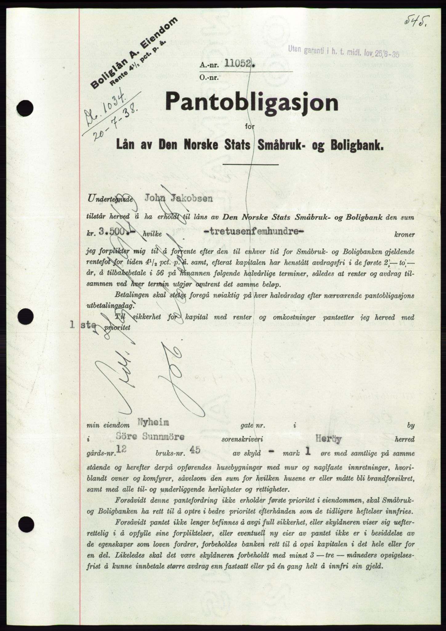 Søre Sunnmøre sorenskriveri, AV/SAT-A-4122/1/2/2C/L0065: Pantebok nr. 59, 1938-1938, Dagboknr: 1034/1938