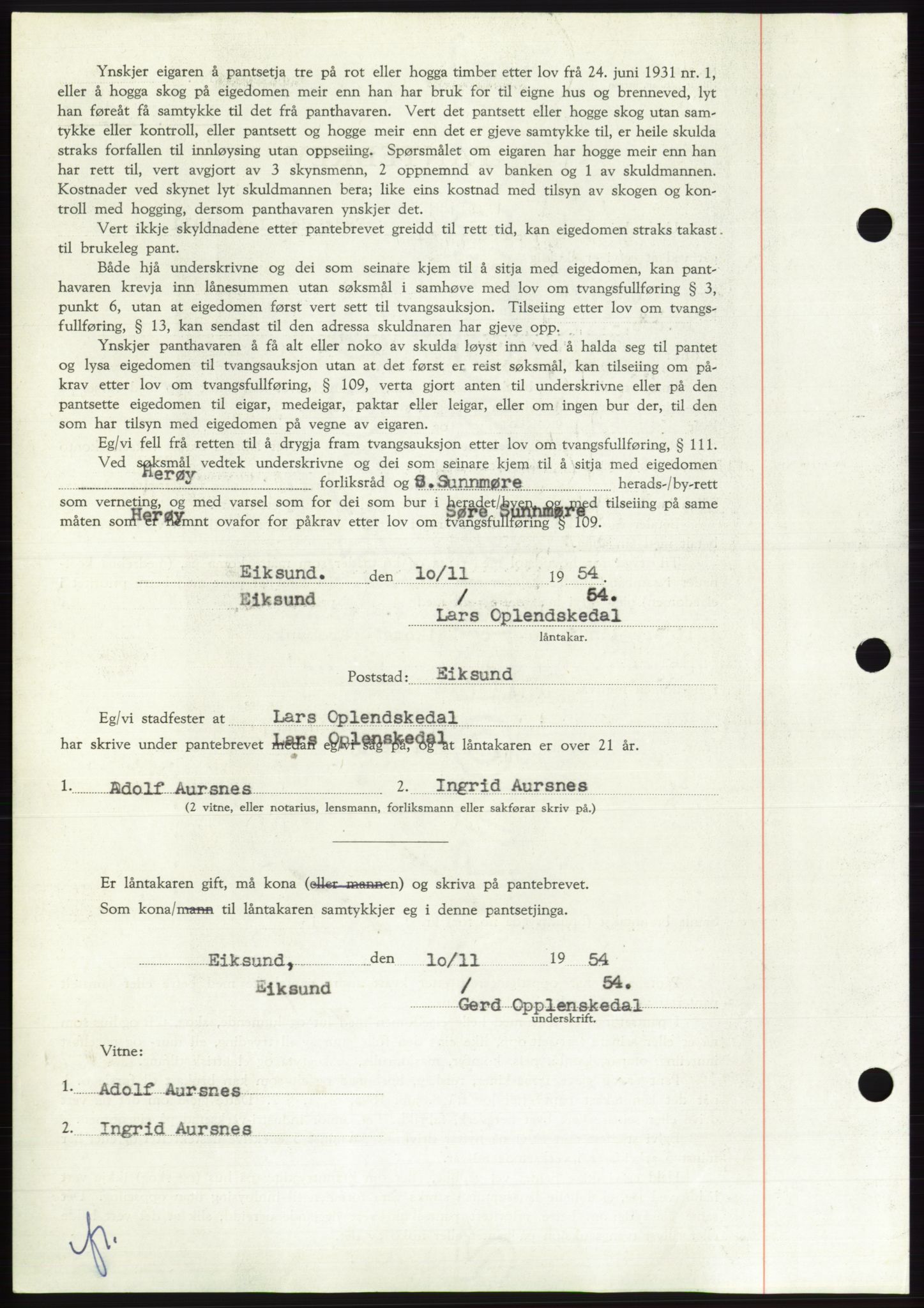 Søre Sunnmøre sorenskriveri, AV/SAT-A-4122/1/2/2C/L0126: Pantebok nr. 14B, 1954-1955, Dagboknr: 3356/1954