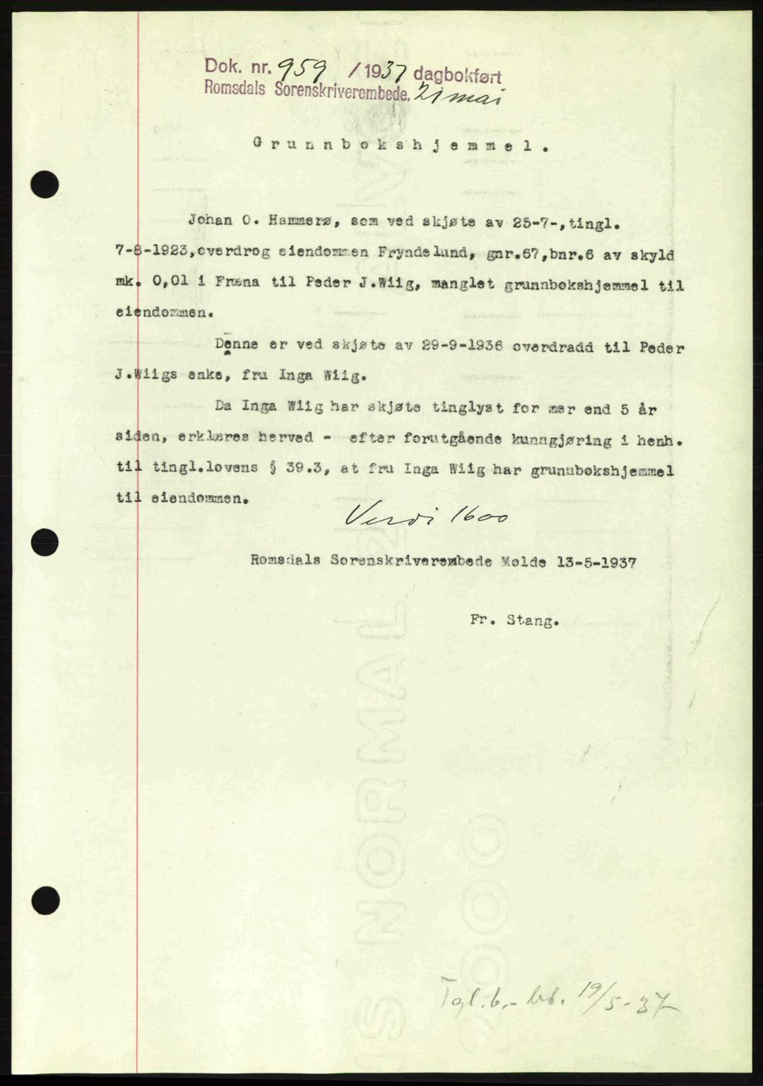 Romsdal sorenskriveri, SAT/A-4149/1/2/2C: Pantebok nr. A3, 1937-1937, Dagboknr: 959/1937