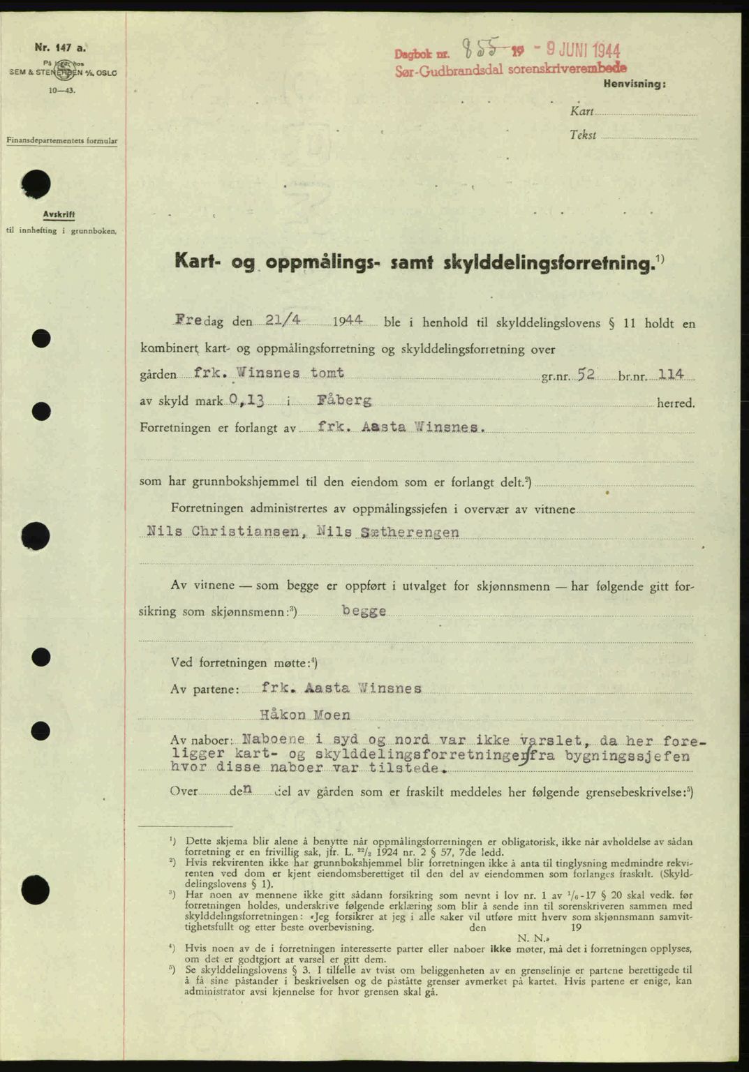 Sør-Gudbrandsdal tingrett, SAH/TING-004/H/Hb/Hbd/L0013: Pantebok nr. A13, 1944-1944, Dagboknr: 855/1944