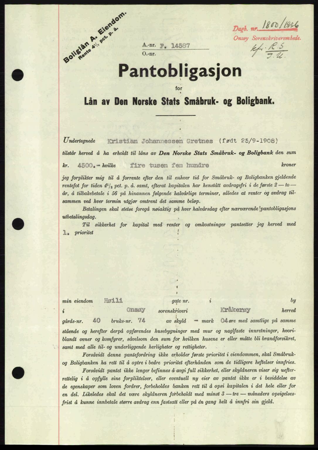 Onsøy sorenskriveri, SAO/A-10474/G/Ga/Gac/L0001: Pantebok nr. B1, 1936-1938, Dagboknr: 1800/1936