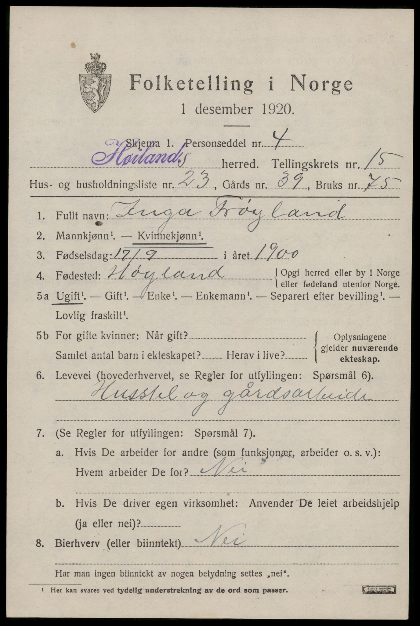 SAST, Folketelling 1920 for 1123 Høyland herred, 1920, s. 13940