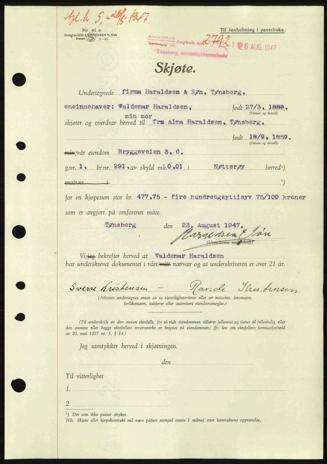 Tønsberg sorenskriveri, SAKO/A-130/G/Ga/Gaa/L0022: Pantebok nr. A22, 1947-1947, Dagboknr: 2792/1947