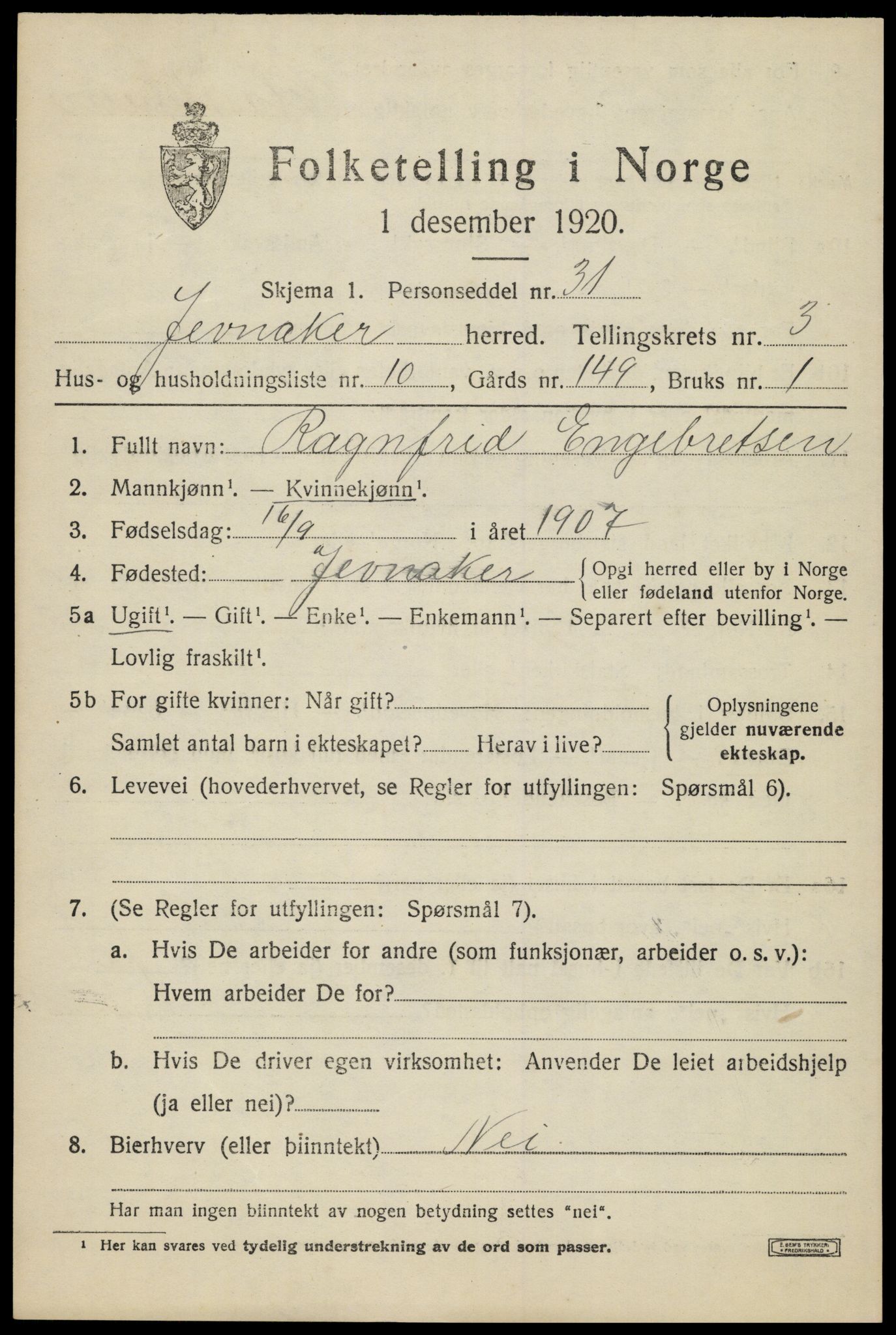 SAH, Folketelling 1920 for 0532 Jevnaker herred, 1920, s. 5849