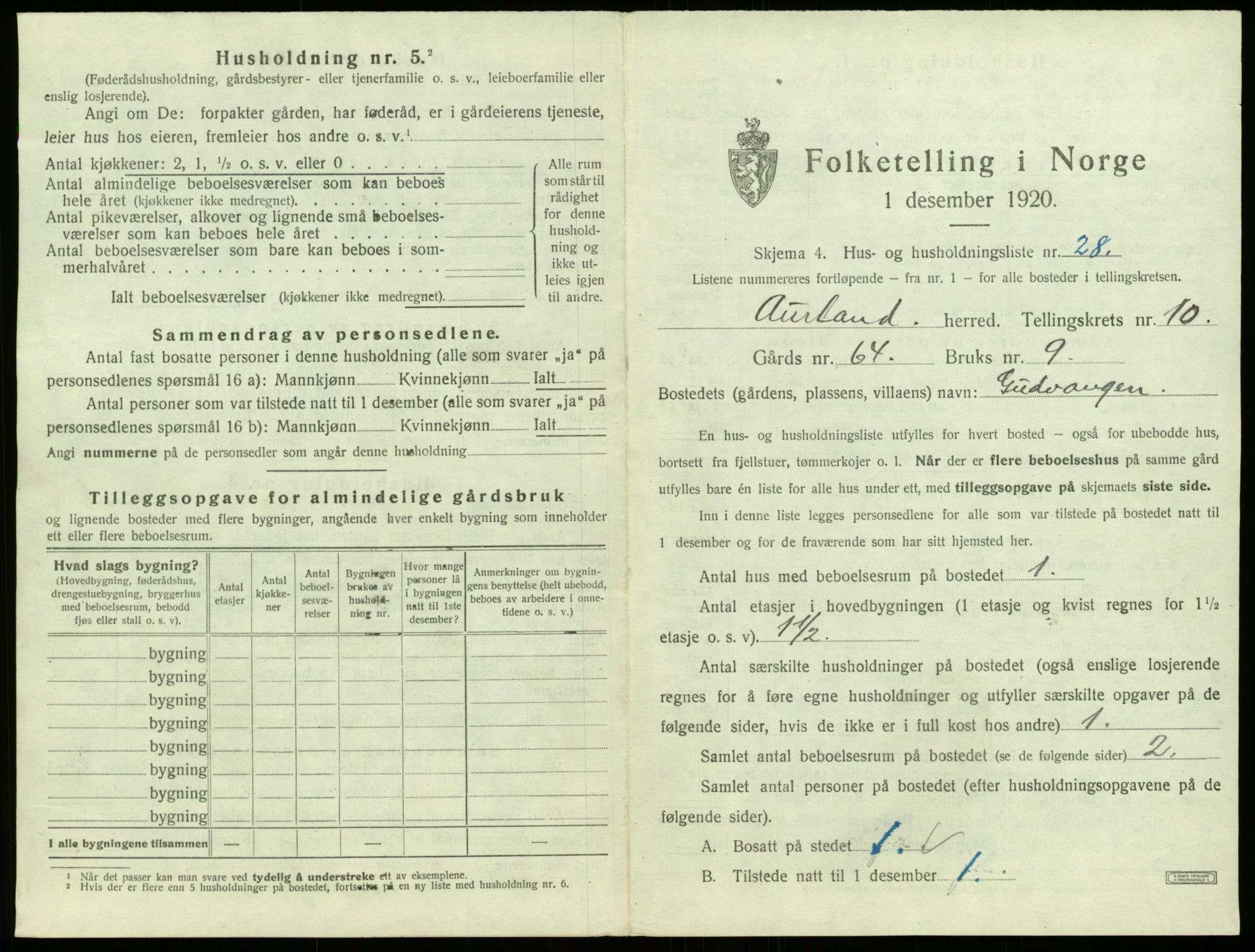 SAB, Folketelling 1920 for 1421 Aurland herred, 1920, s. 788