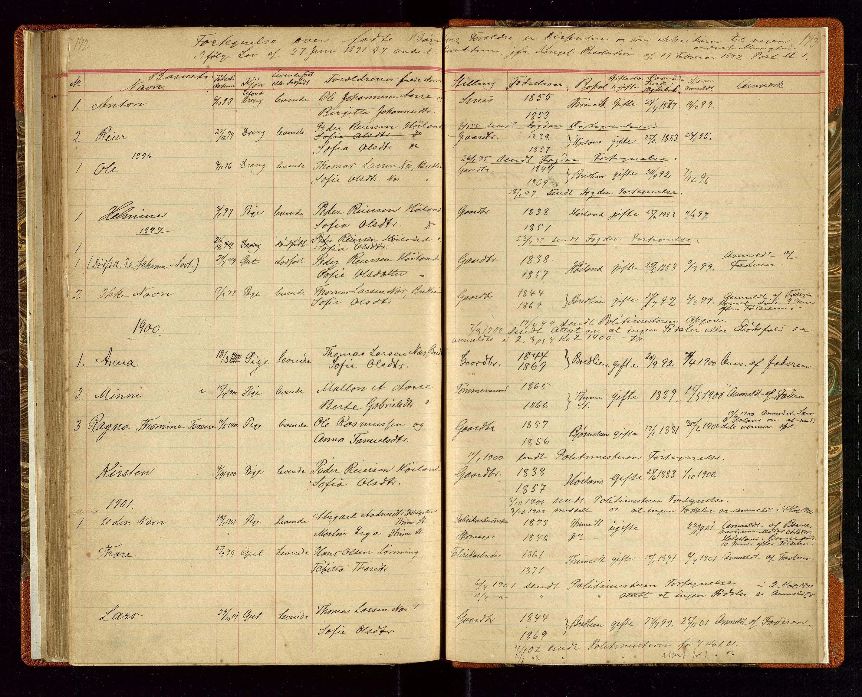 Time lensmannskontor, SAST/A-100420/Gga/L0001: Dødsfallprotokoll m/alfabetisk register, 1880-1921, s. 192-193