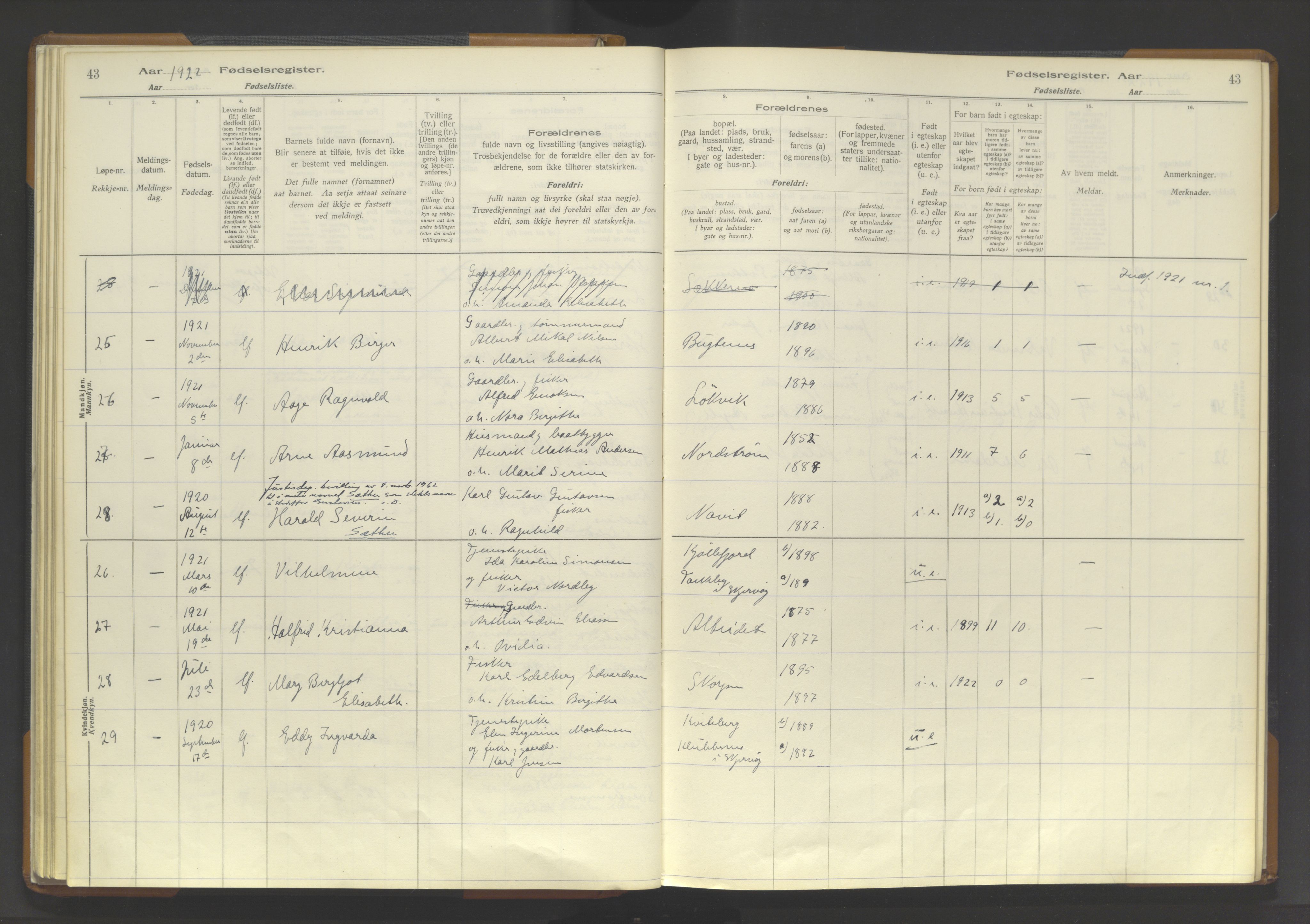 Skjervøy sokneprestkontor, AV/SATØ-S-1300/I/Ia/L0062: Fødselsregister nr. 62, 1916-1950, s. 43