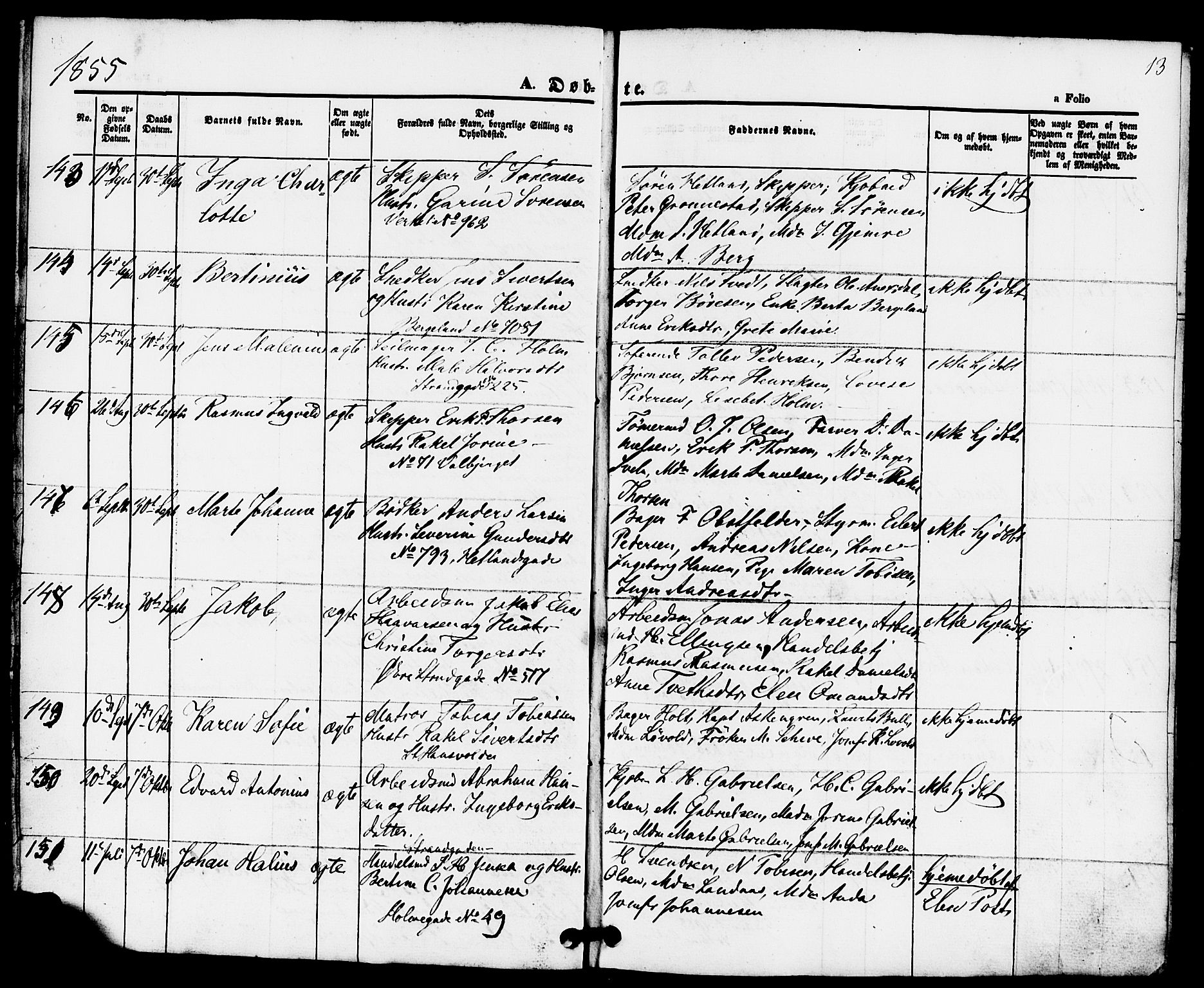 Domkirken sokneprestkontor, AV/SAST-A-101812/001/30/30BB/L0010: Klokkerbok nr. B 10, 1855-1860, s. 13
