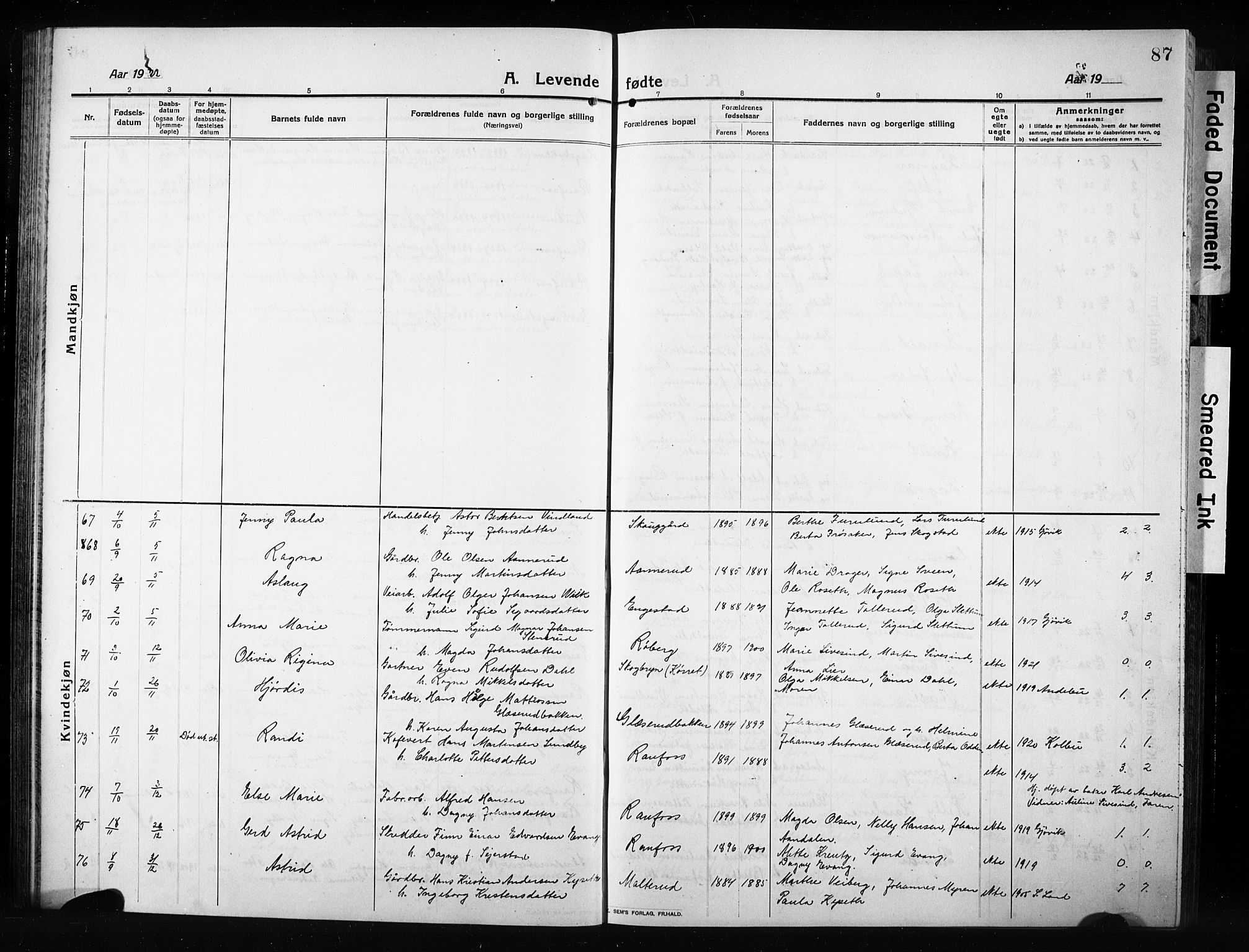Vestre Toten prestekontor, AV/SAH-PREST-108/H/Ha/Hab/L0012: Klokkerbok nr. 12, 1909-1928, s. 87