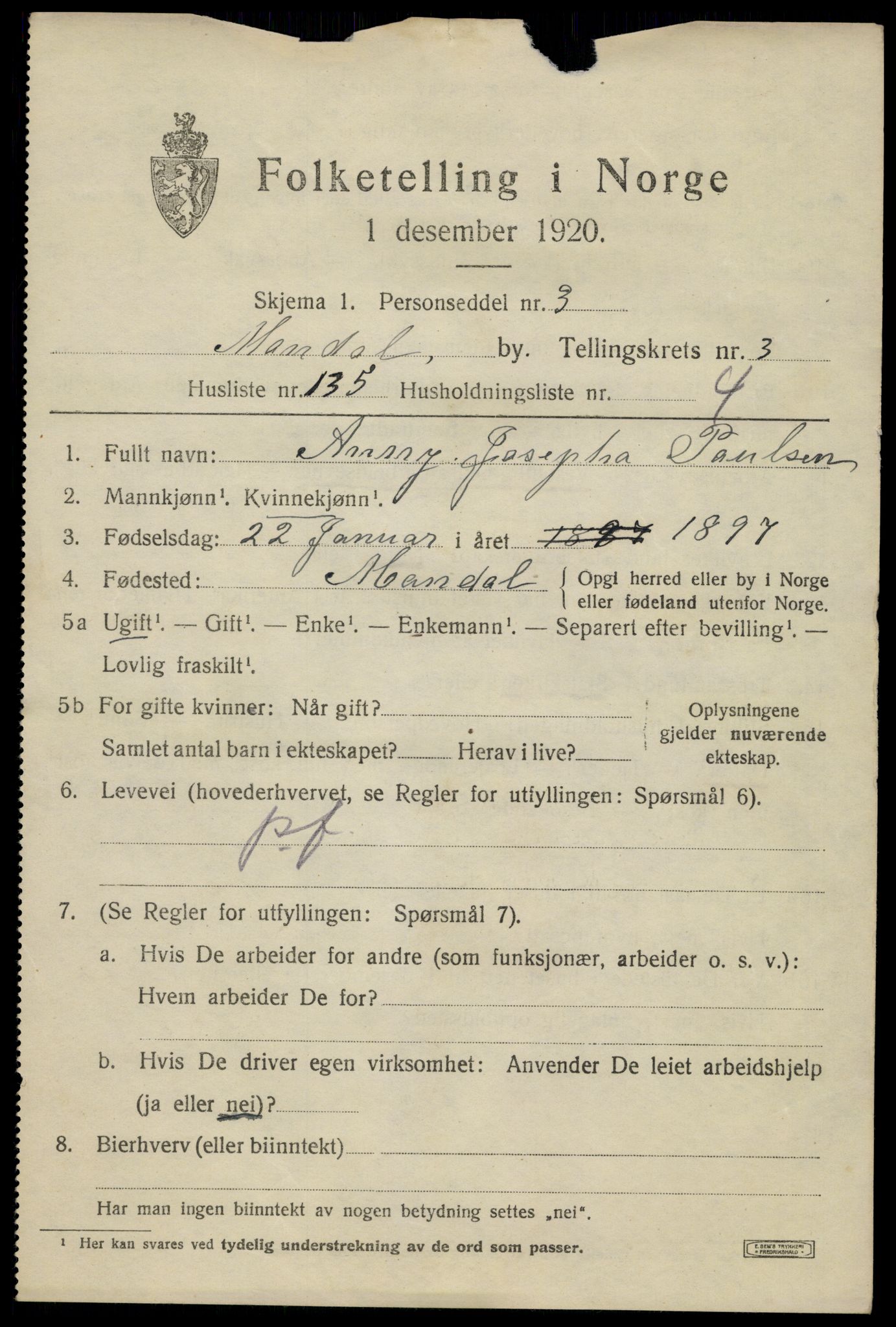 SAK, Folketelling 1920 for 1002 Mandal ladested, 1920, s. 7015
