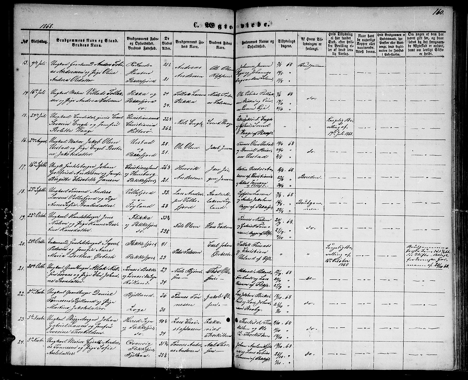 Flekkefjord sokneprestkontor, AV/SAK-1111-0012/F/Fb/Fbc/L0006: Klokkerbok nr. B 6, 1866-1879, s. 160