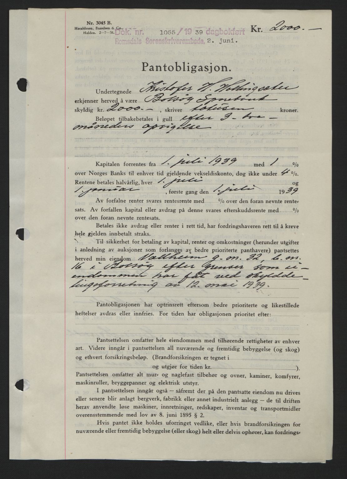 Romsdal sorenskriveri, SAT/A-4149/1/2/2C: Pantebok nr. B1, 1936-1939, Dagboknr: 1055/1939
