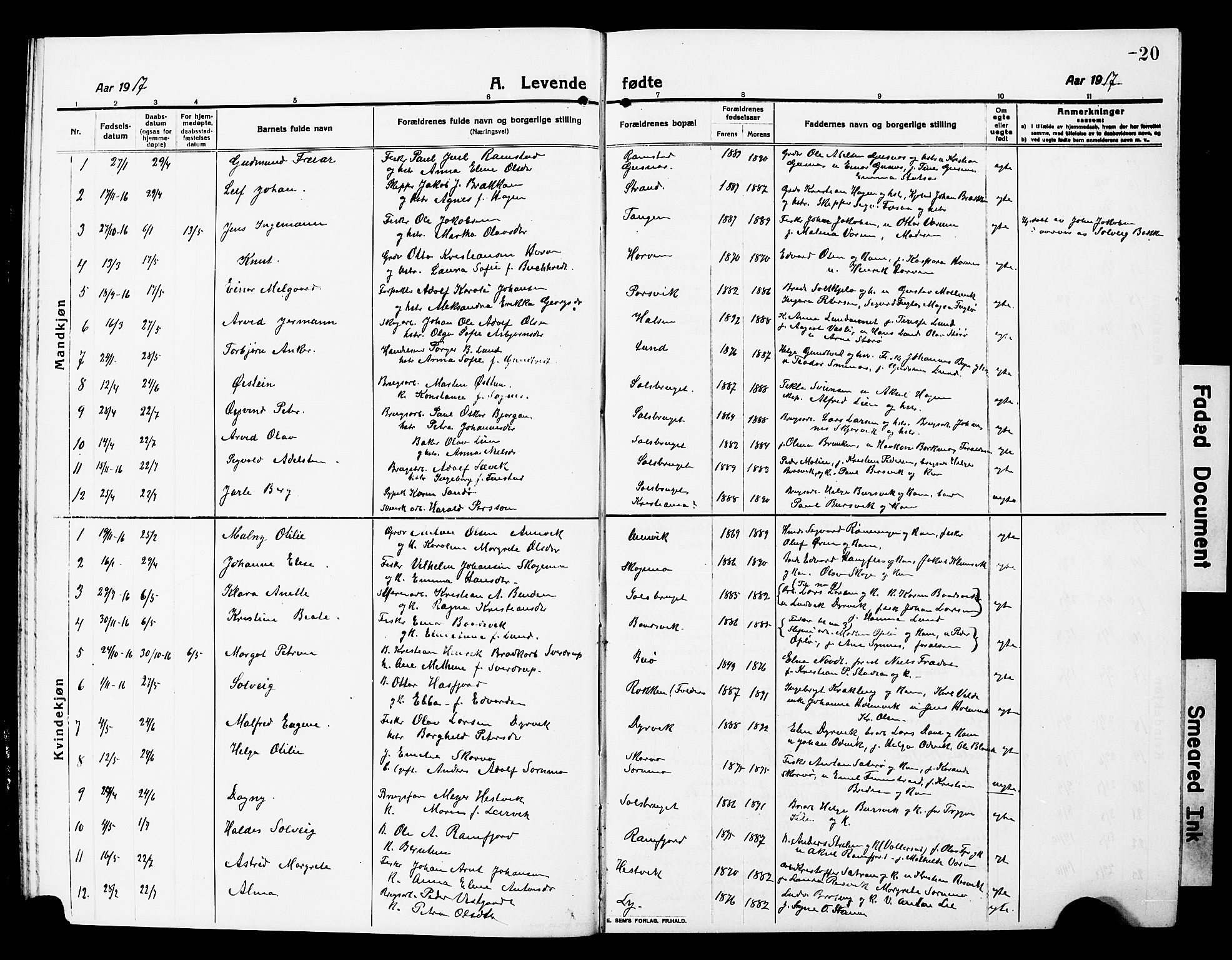 Ministerialprotokoller, klokkerbøker og fødselsregistre - Nord-Trøndelag, AV/SAT-A-1458/780/L0653: Klokkerbok nr. 780C05, 1911-1927, s. 20