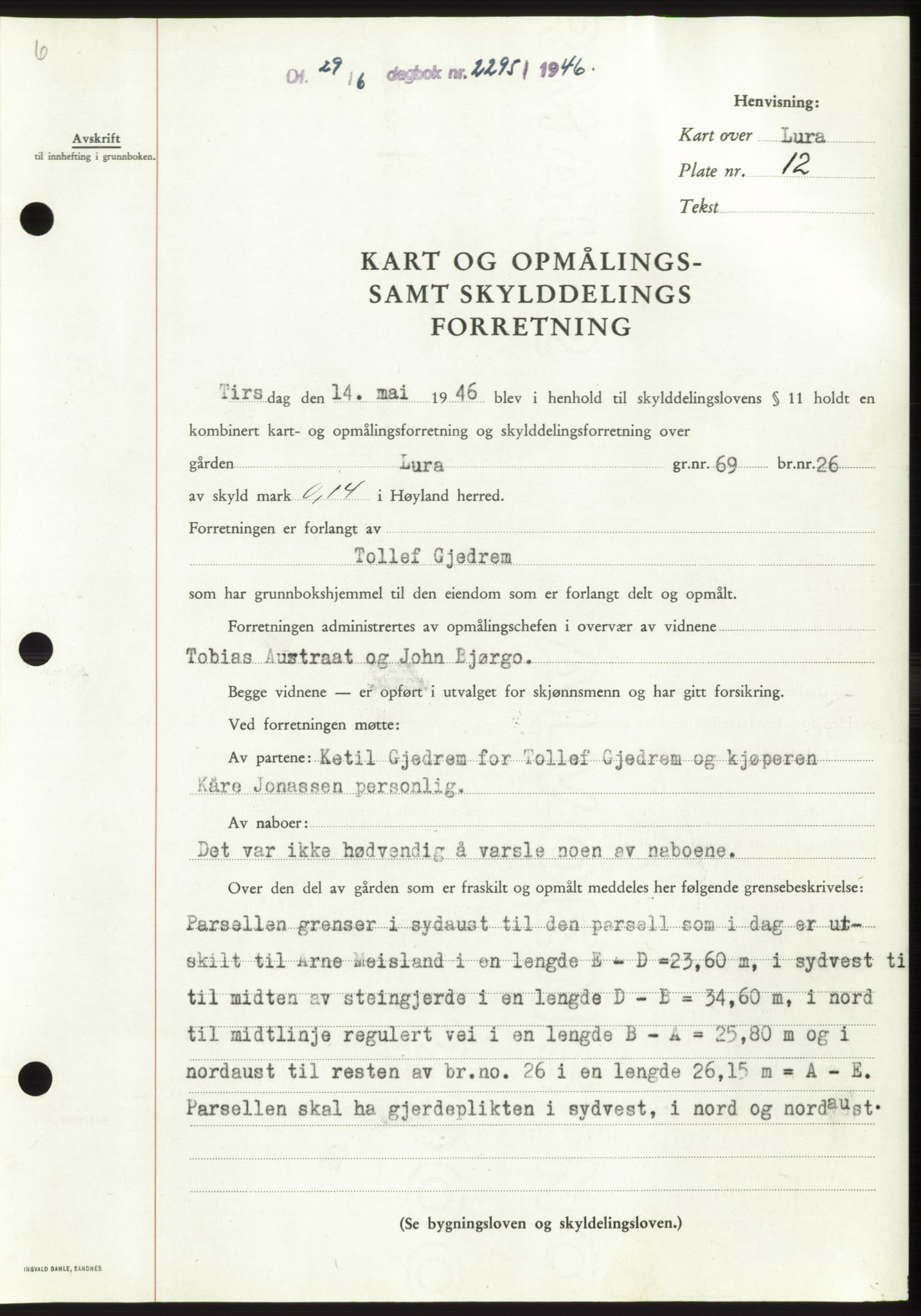 Jæren sorenskriveri, SAST/A-100310/03/G/Gba/L0090: Pantebok, 1946-1946, Dagboknr: 2295/1946