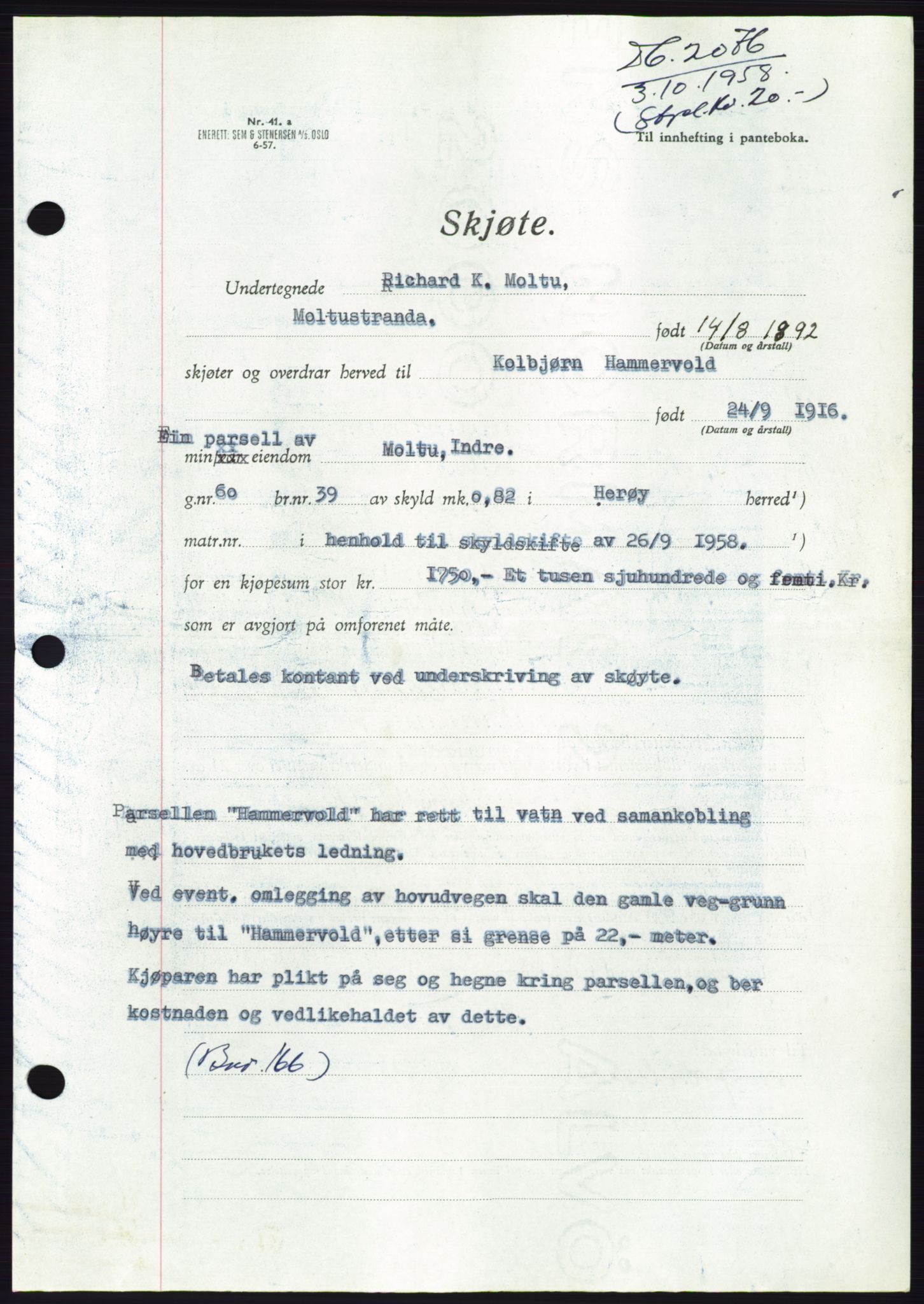 Søre Sunnmøre sorenskriveri, AV/SAT-A-4122/1/2/2C/L0110: Pantebok nr. 36A, 1958-1958, Dagboknr: 2076/1958