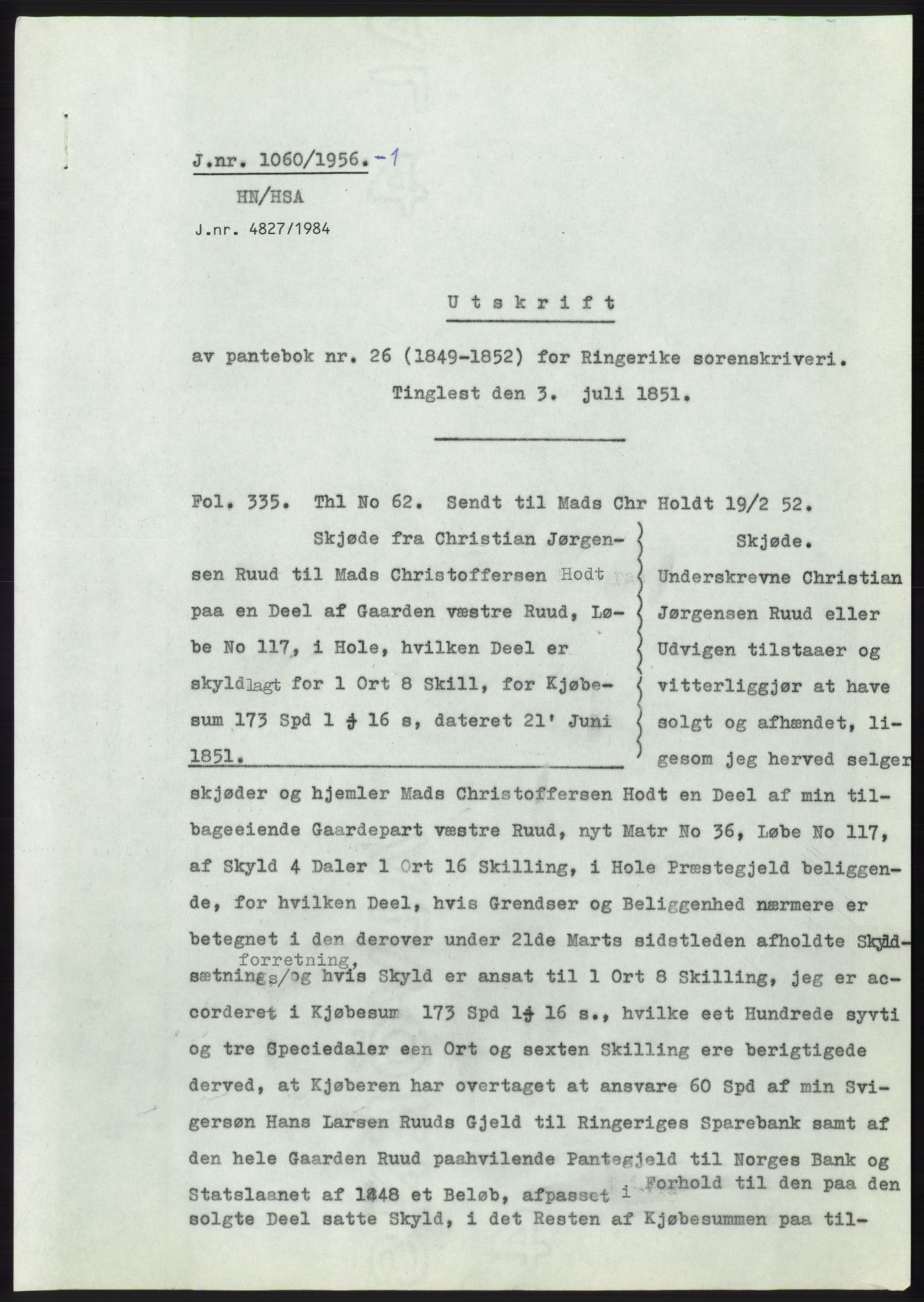 Statsarkivet i Kongsberg, AV/SAKO-A-0001/E/Ee/L0007: Avskrifter, SAO jnr. 802/1956 - 1199/1956, 1956, s. 300