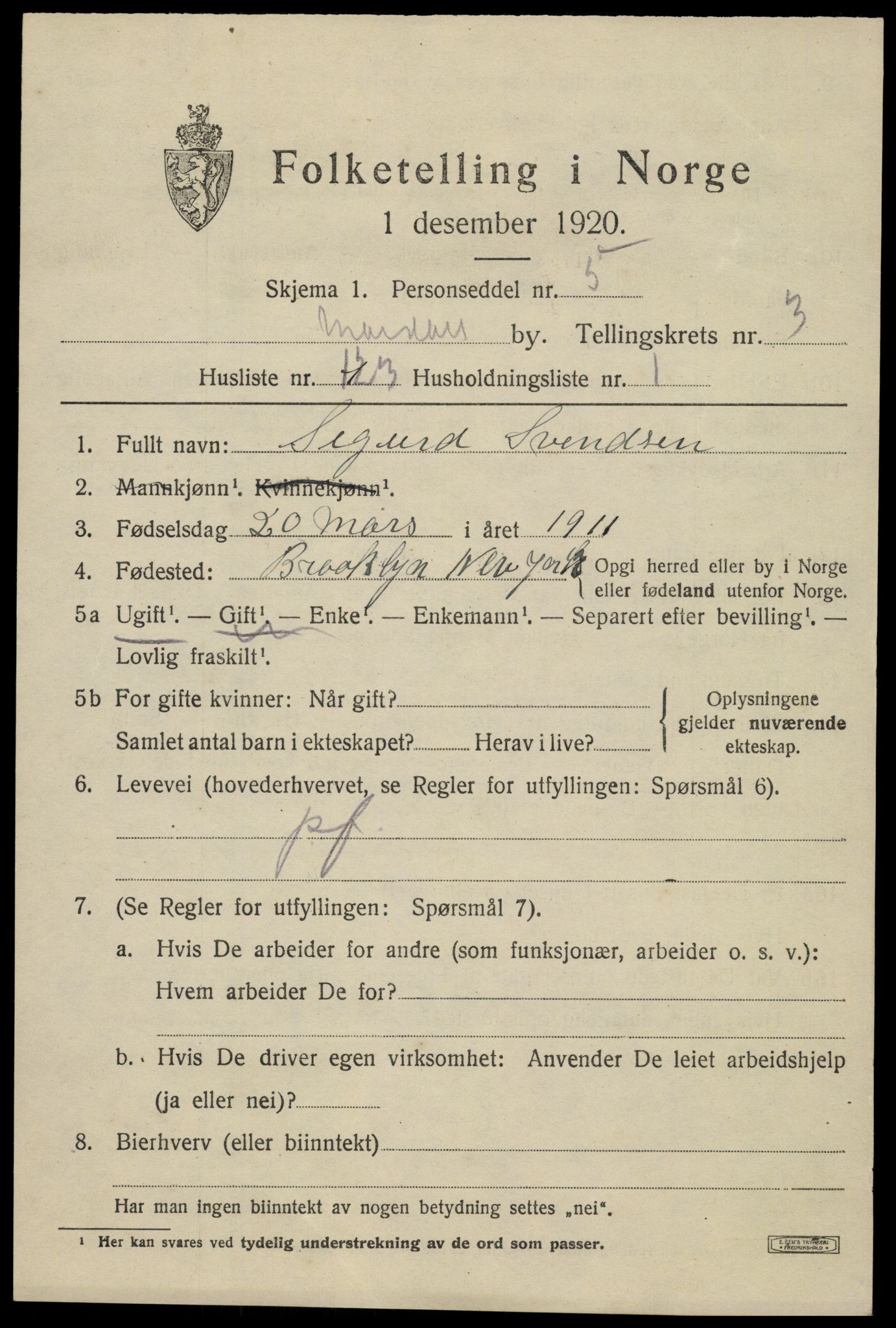 SAK, Folketelling 1920 for 1002 Mandal ladested, 1920, s. 6861