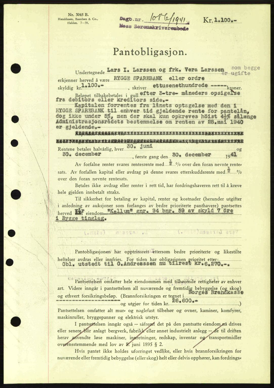Moss sorenskriveri, SAO/A-10168: Pantebok nr. B10, 1940-1941, Dagboknr: 1086/1941