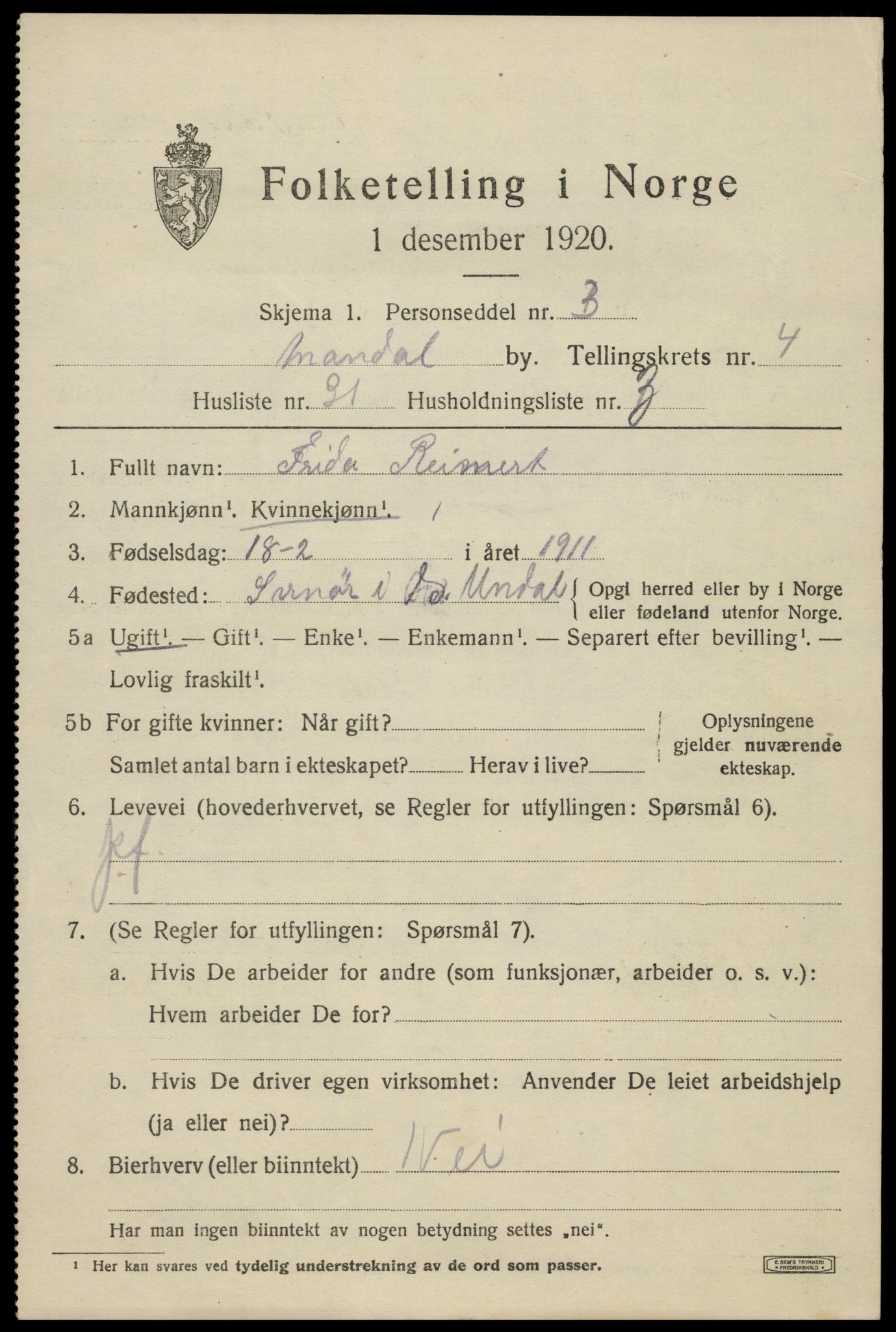 SAK, Folketelling 1920 for 1002 Mandal ladested, 1920, s. 7319