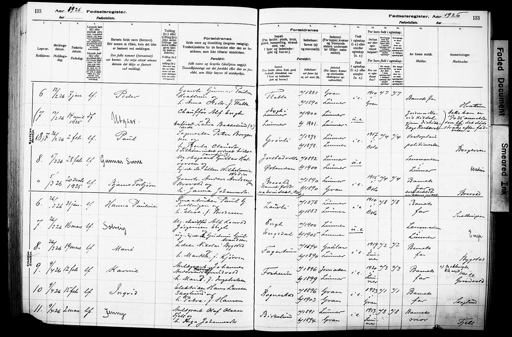 Lunner prestekontor, SAH/PREST-118/I/Id/L0001: Fødselsregister nr. 1, 1916-1932, s. 133