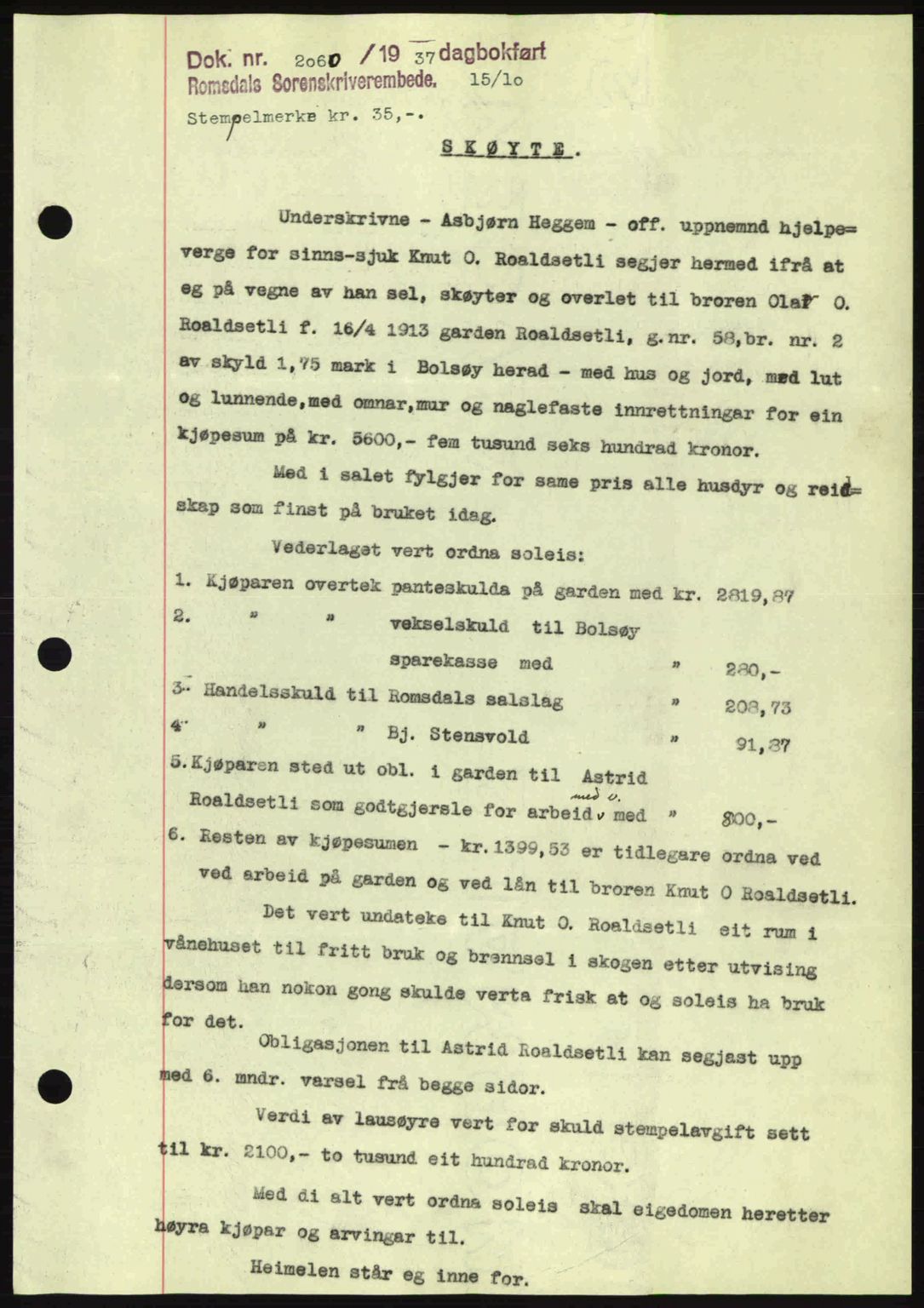 Romsdal sorenskriveri, AV/SAT-A-4149/1/2/2C: Pantebok nr. A4, 1937-1938, Dagboknr: 2060/1937