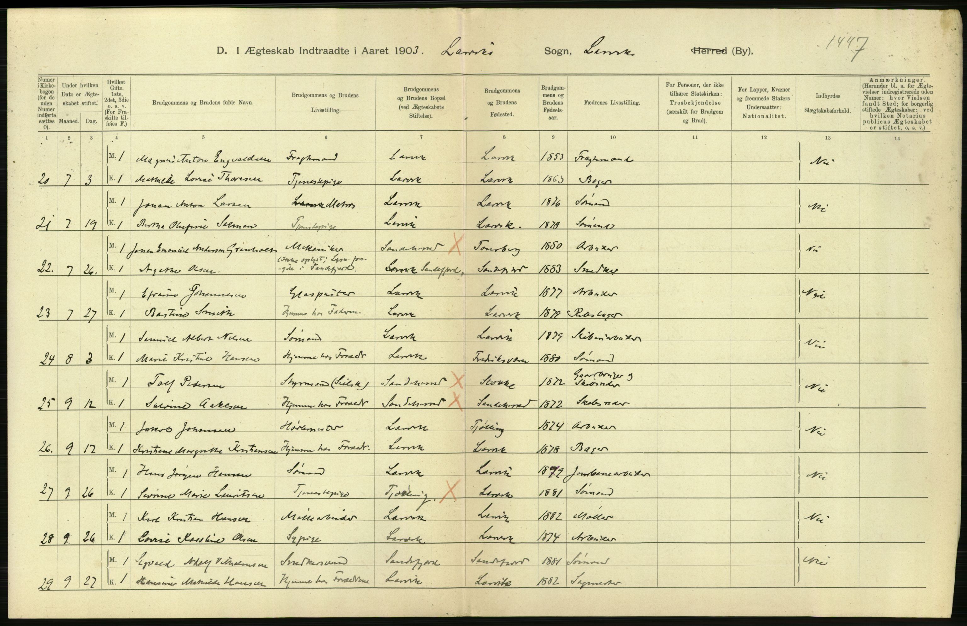 Statistisk sentralbyrå, Sosiodemografiske emner, Befolkning, AV/RA-S-2228/D/Df/Dfa/Dfaa/L0008: Jarlsberg og Larvik amt: Fødte, gifte, døde, 1903, s. 484