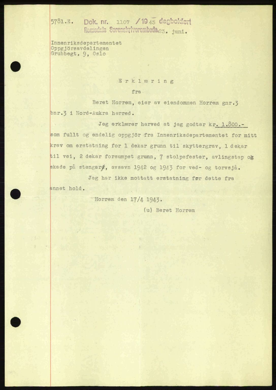 Romsdal sorenskriveri, SAT/A-4149/1/2/2C: Pantebok nr. A14, 1943-1943, Dagboknr: 1107/1943
