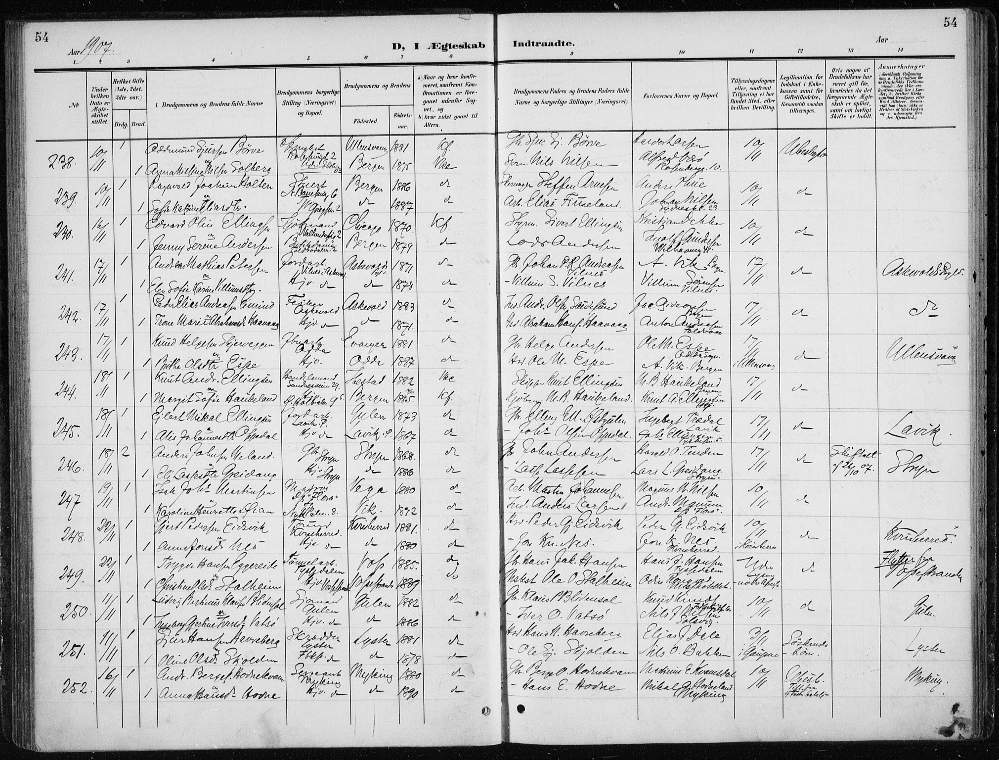 Nykirken Sokneprestembete, AV/SAB-A-77101/H/Haa/L0035: Ministerialbok nr. D 5, 1905-1913, s. 54