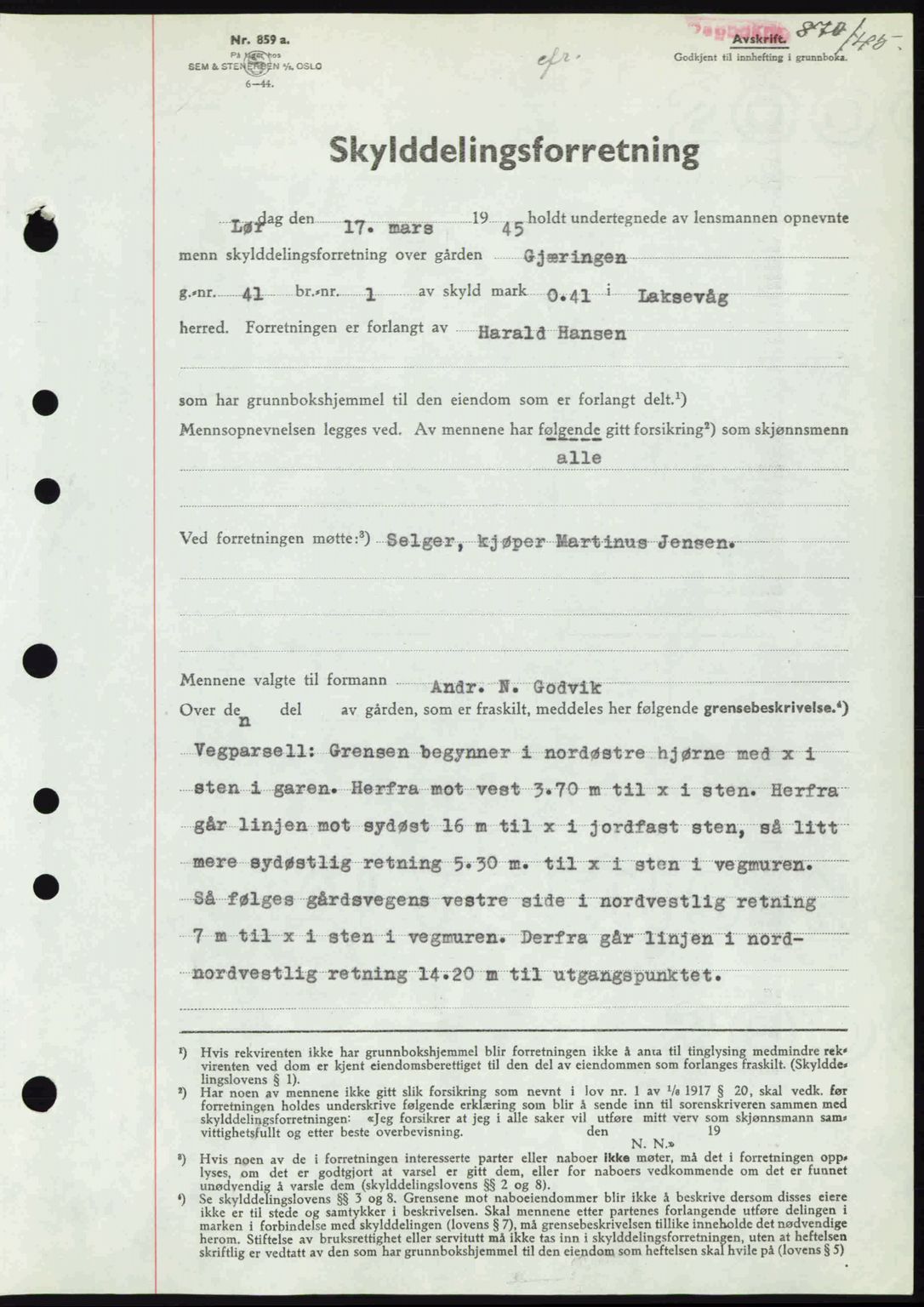 Midhordland sorenskriveri, SAB/A-3001/1/G/Gb/Gbk/L0008: Pantebok nr. A36-41, 1944-1945, Dagboknr: 870/1945