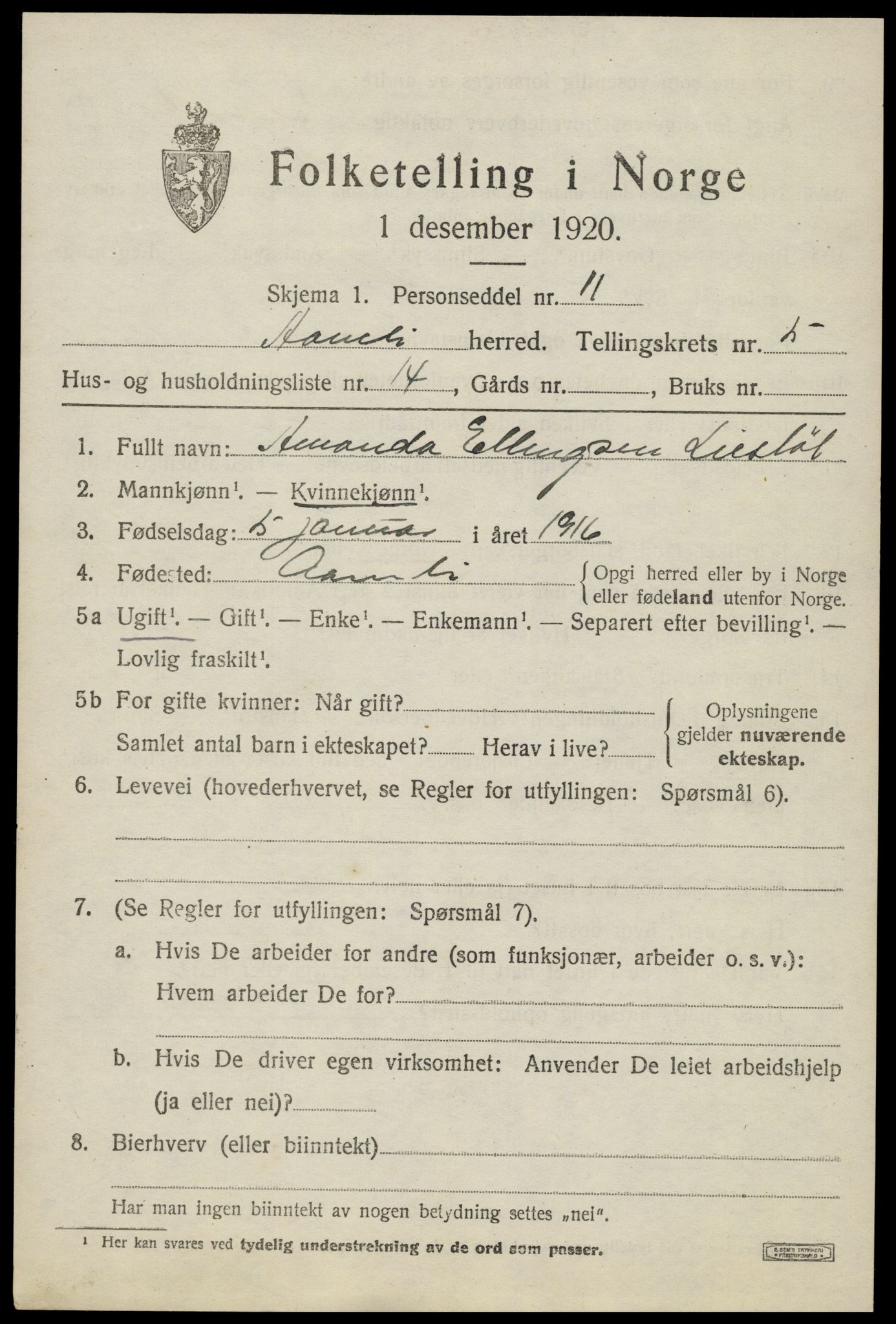 SAK, Folketelling 1920 for 0929 Åmli herred, 1920, s. 2449