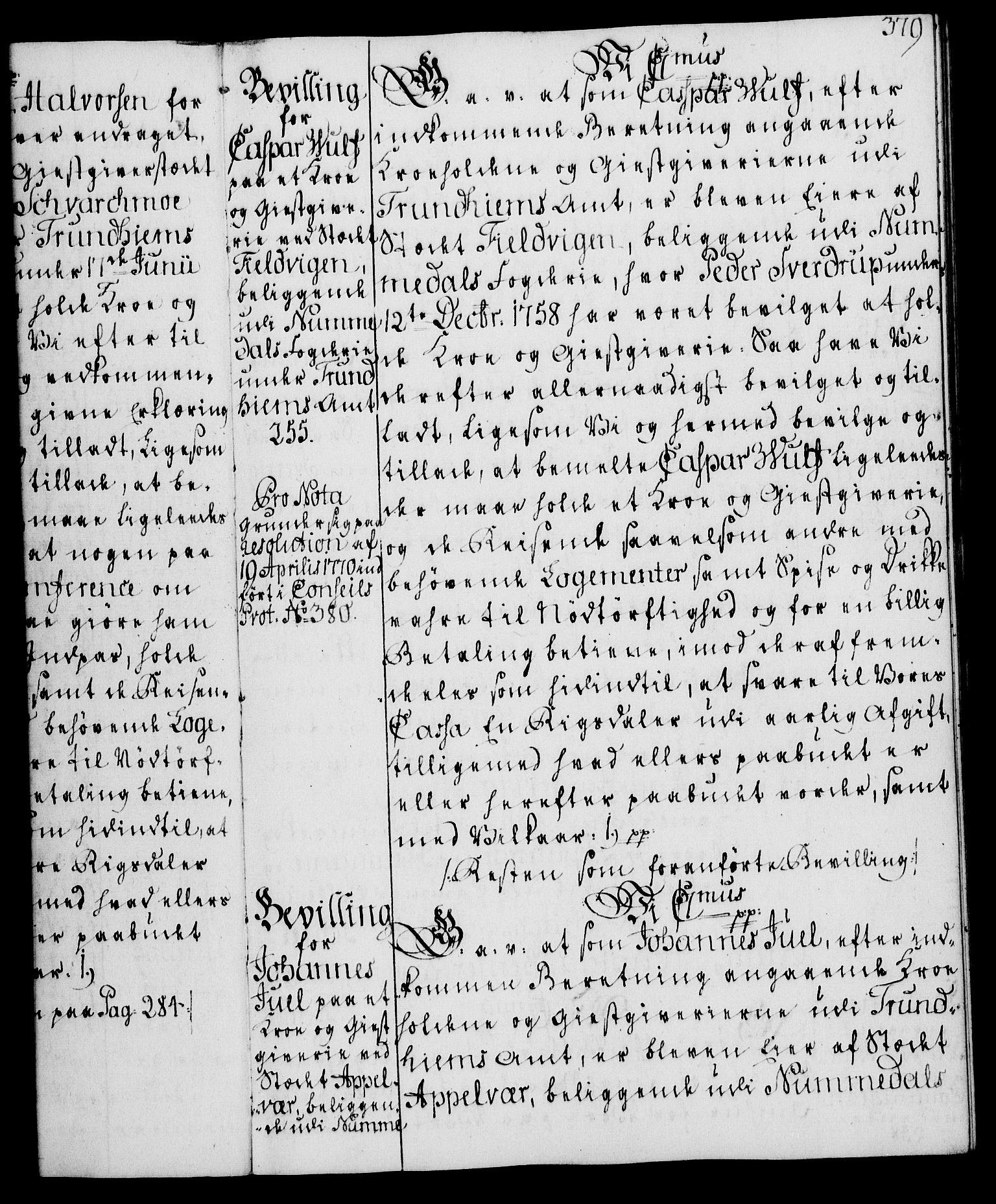 Rentekammeret, Kammerkanselliet, AV/RA-EA-3111/G/Gg/Gga/L0008: Norsk ekspedisjonsprotokoll med register (merket RK 53.8), 1768-1771, s. 379