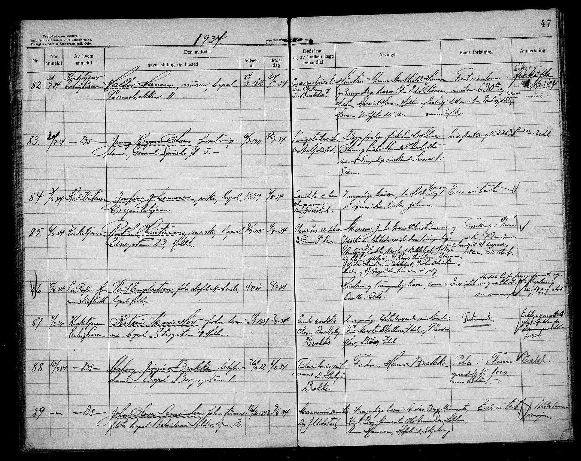 Idd og Marker sorenskriveri, AV/SAO-A-10283/H/Ha/Haa/L0001/0005: Dødsanmeldelsesprotokoller / Dødsanmeldelsesprotokoll, 1932-1937, s. 47