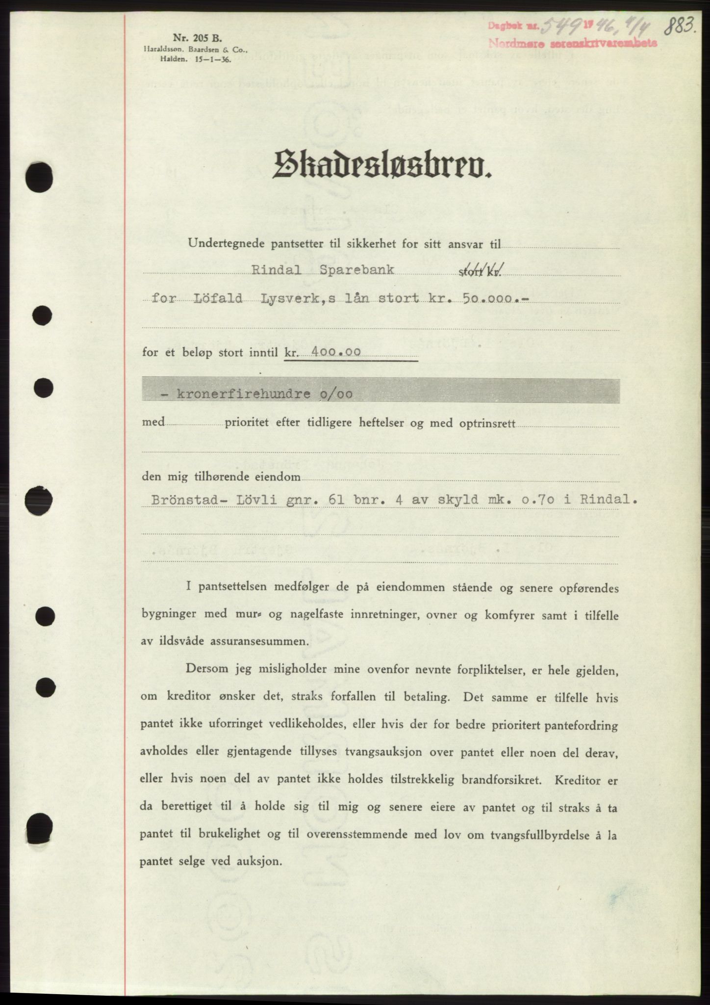 Nordmøre sorenskriveri, SAT/A-4132/1/2/2Ca: Pantebok nr. B93b, 1946-1946, Dagboknr: 549/1946