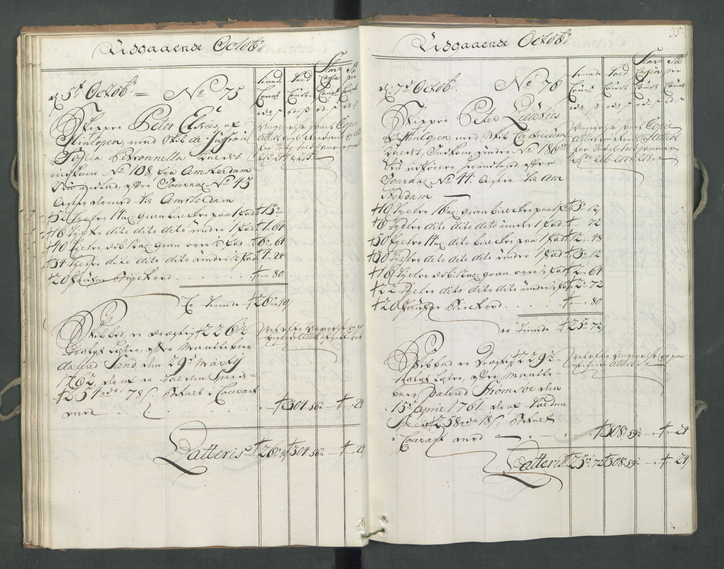 Generaltollkammeret, tollregnskaper, AV/RA-EA-5490/R09/L0034/0001: Tollregnskaper Holmestrand / Utgående hovedtollbok, 1762, s. 34b-35a