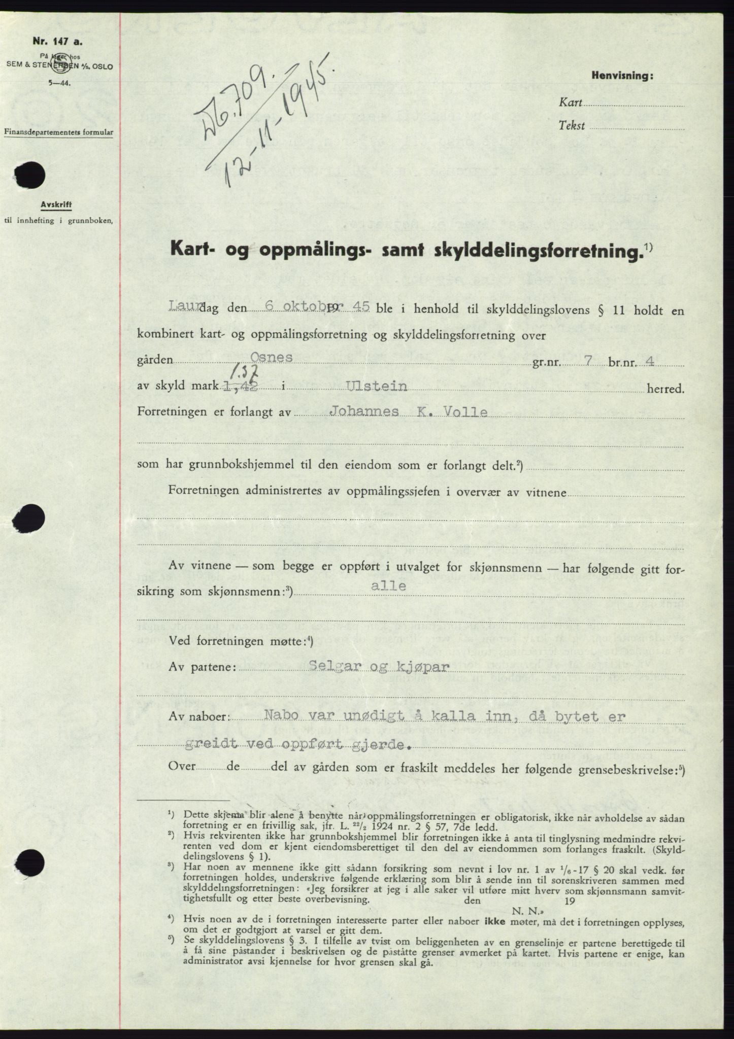 Søre Sunnmøre sorenskriveri, SAT/A-4122/1/2/2C/L0077: Pantebok nr. 3A, 1945-1946, Dagboknr: 709/1945