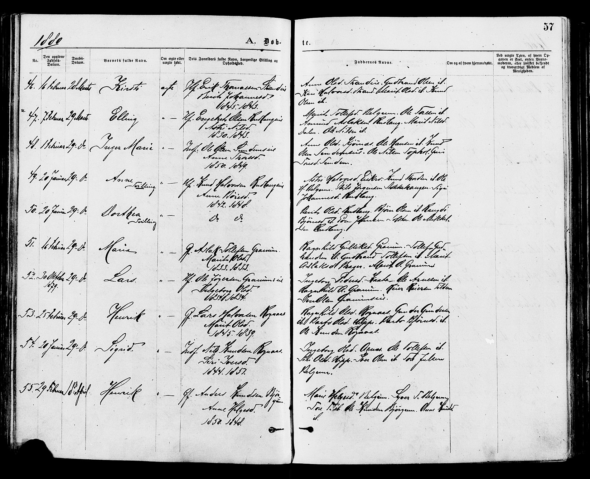 Nord-Aurdal prestekontor, AV/SAH-PREST-132/H/Ha/Haa/L0009: Ministerialbok nr. 9, 1876-1882, s. 57