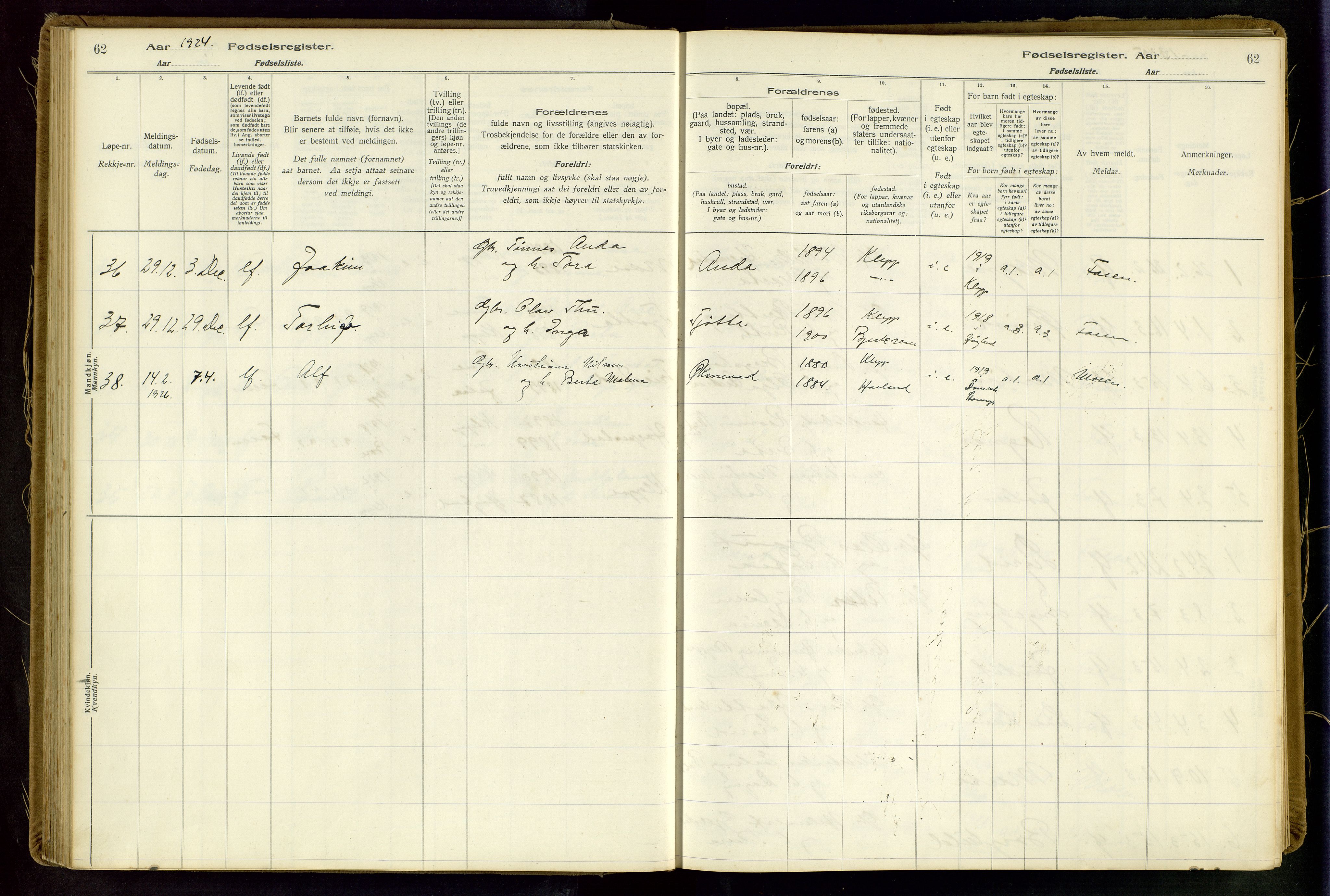 Klepp sokneprestkontor, AV/SAST-A-101803/001/704BAA/L0001: Fødselsregister nr. 1, 1916-1948, s. 62