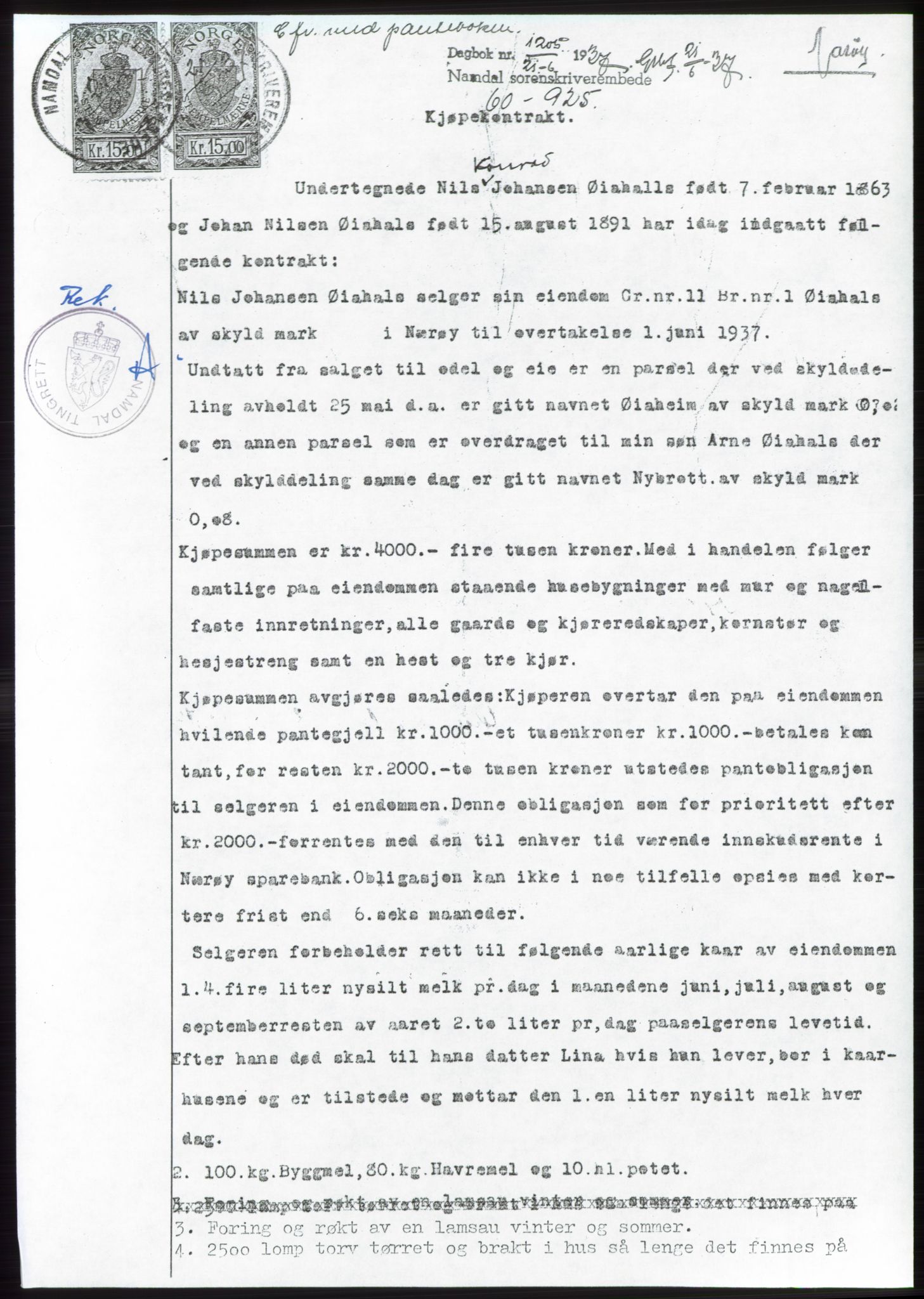 Namdal sorenskriveri, SAT/A-4133/1/2/2C: Pantebok nr. -, 1937-1939, Tingl.dato: 21.06.1937