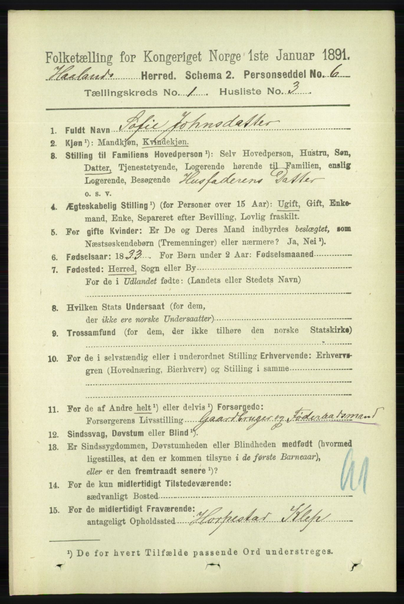 RA, Folketelling 1891 for 1124 Haaland herred, 1891, s. 153