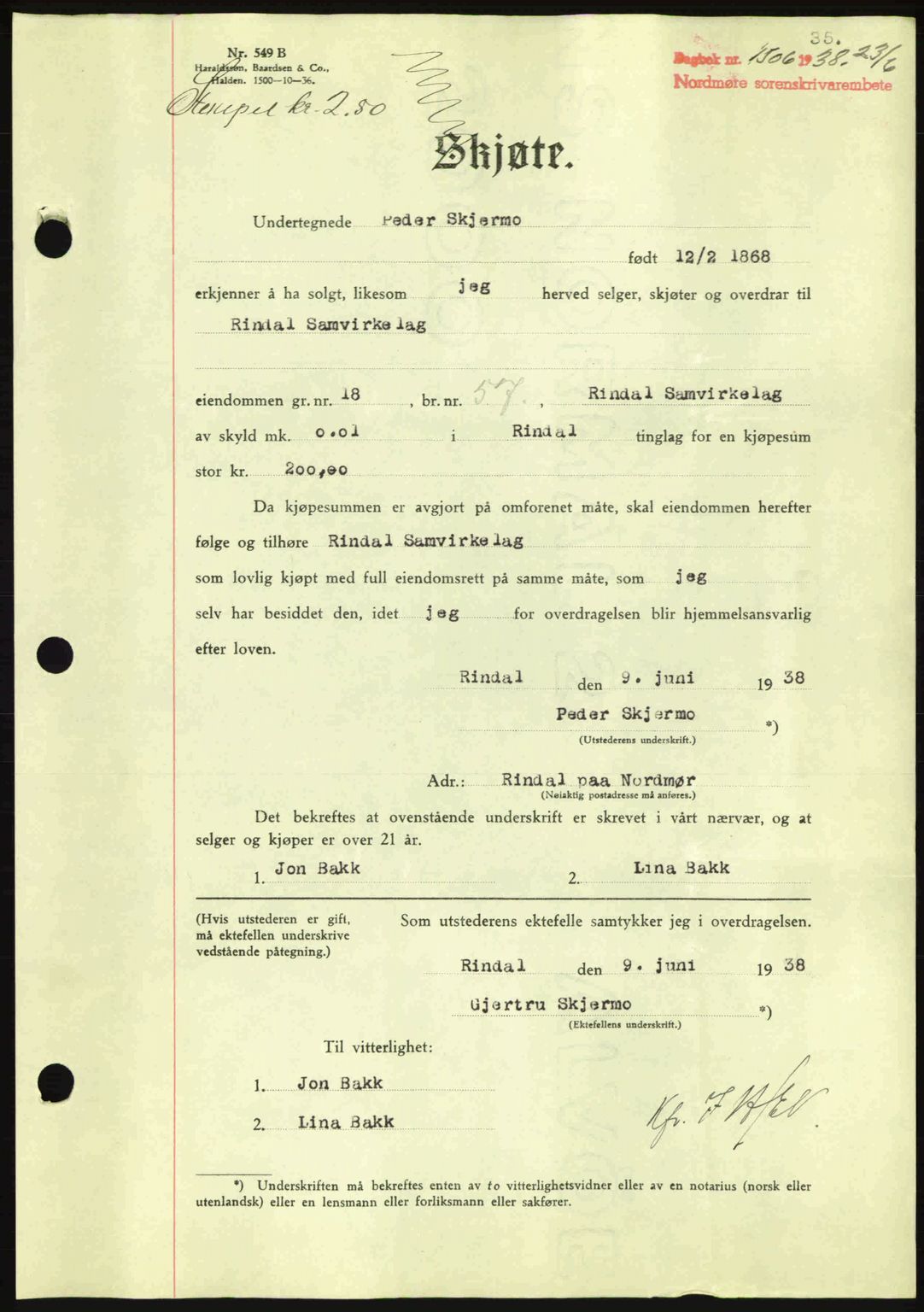 Nordmøre sorenskriveri, SAT/A-4132/1/2/2Ca: Pantebok nr. A84, 1938-1938, Dagboknr: 1506/1938