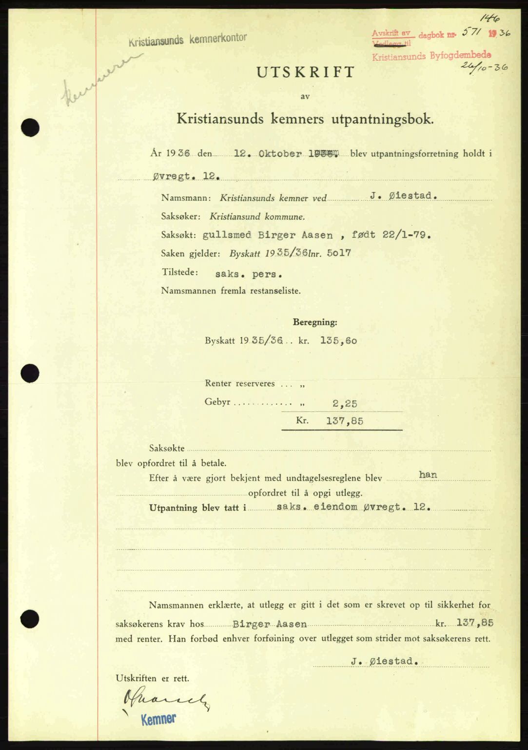 Kristiansund byfogd, SAT/A-4587/A/27: Pantebok nr. 29, 1936-1937, Dagboknr: 571/1936