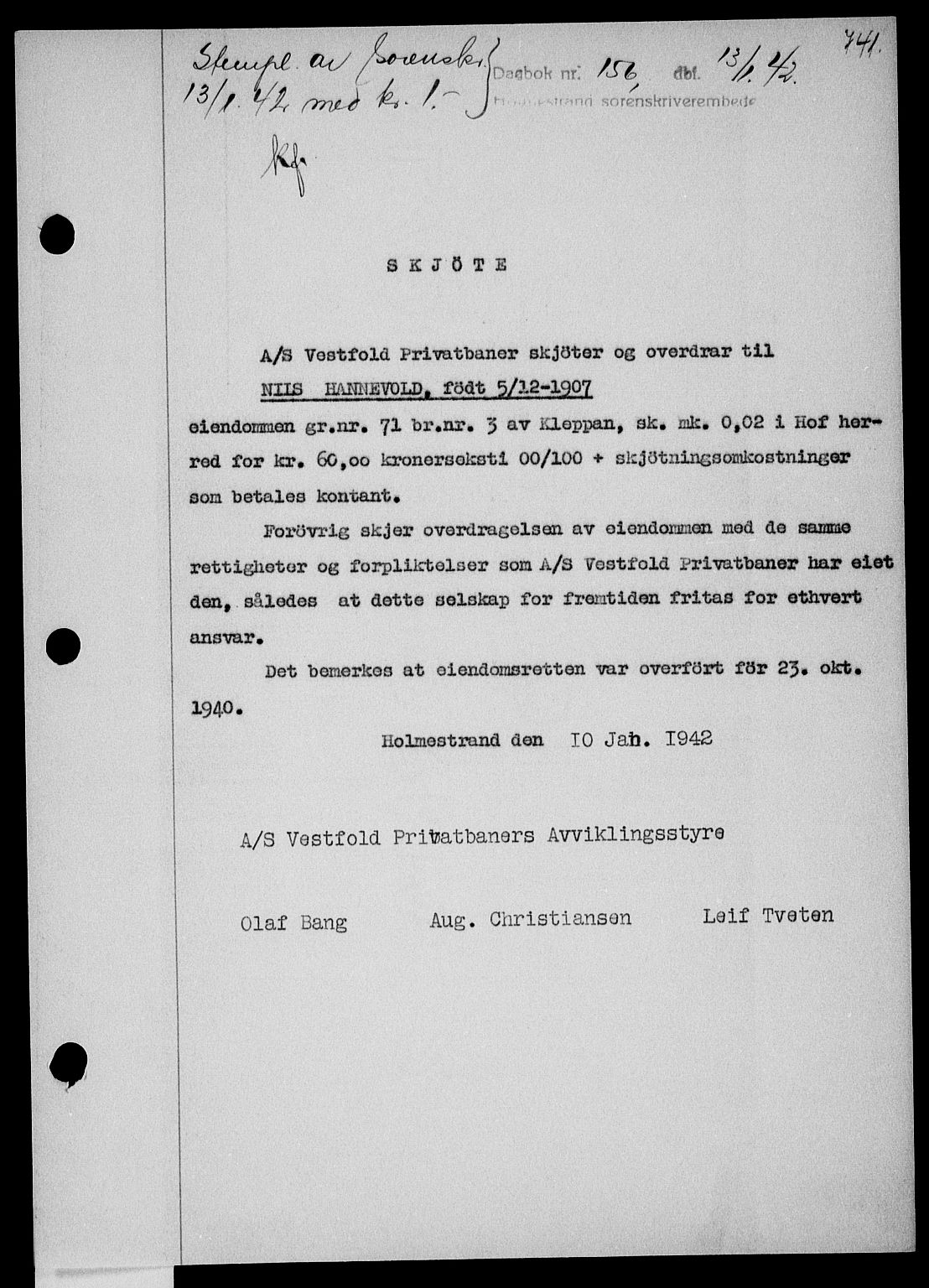 Holmestrand sorenskriveri, SAKO/A-67/G/Ga/Gaa/L0054: Pantebok nr. A-54, 1941-1942, Dagboknr: 156/1942