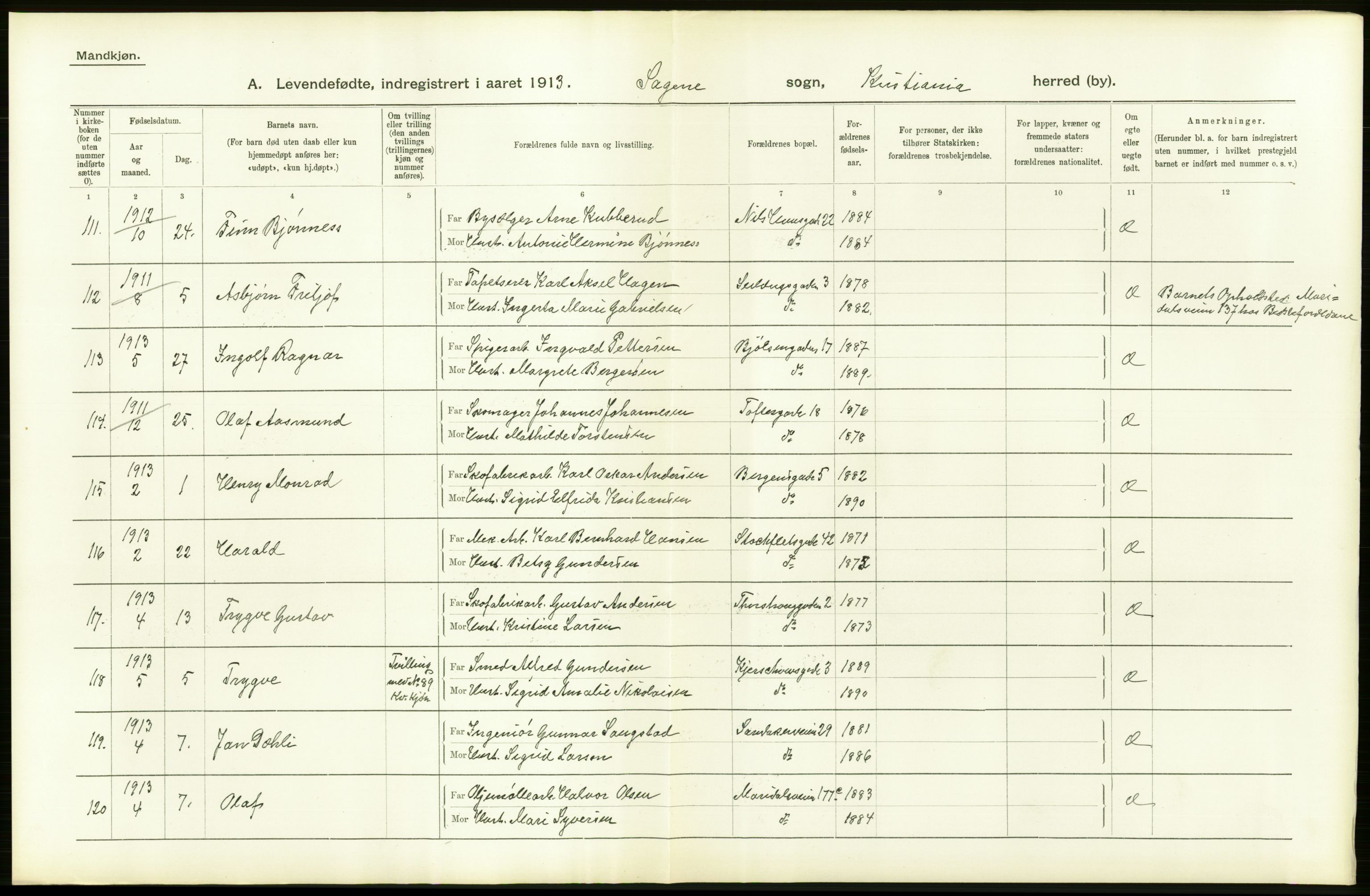Statistisk sentralbyrå, Sosiodemografiske emner, Befolkning, AV/RA-S-2228/D/Df/Dfb/Dfbc/L0006: Kristiania: Levendefødte menn og kvinner., 1913, s. 38