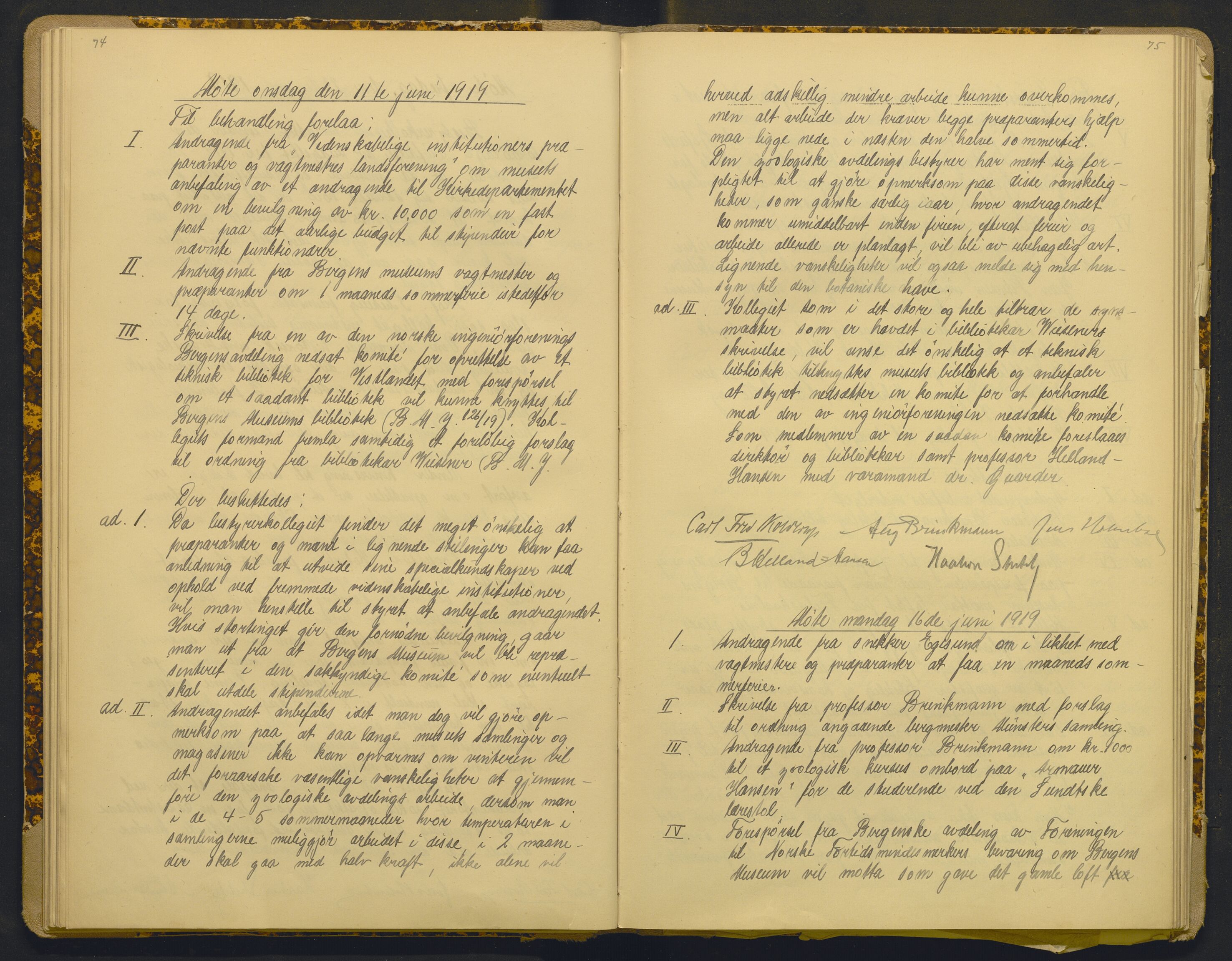 Bergens Museum, AV/SAB-A-17301/18/A/L0001: Bestyrerkollegiets forhandlingsprotokoll med register , 1907-1927, s. 74-75