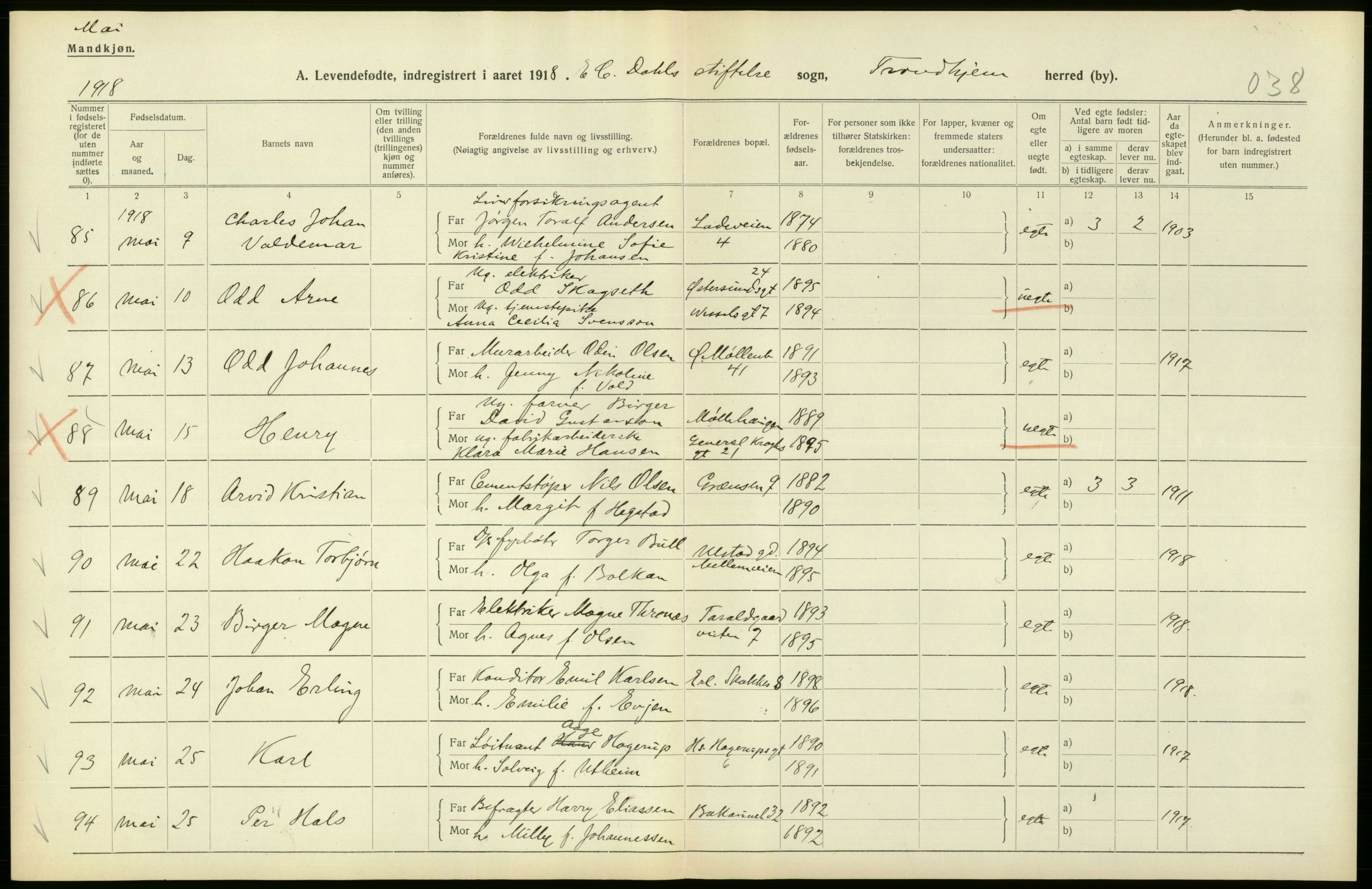 Statistisk sentralbyrå, Sosiodemografiske emner, Befolkning, RA/S-2228/D/Df/Dfb/Dfbh/L0048: Trondheim: Levendefødte menn og kvinner, gifte., 1918, s. 462